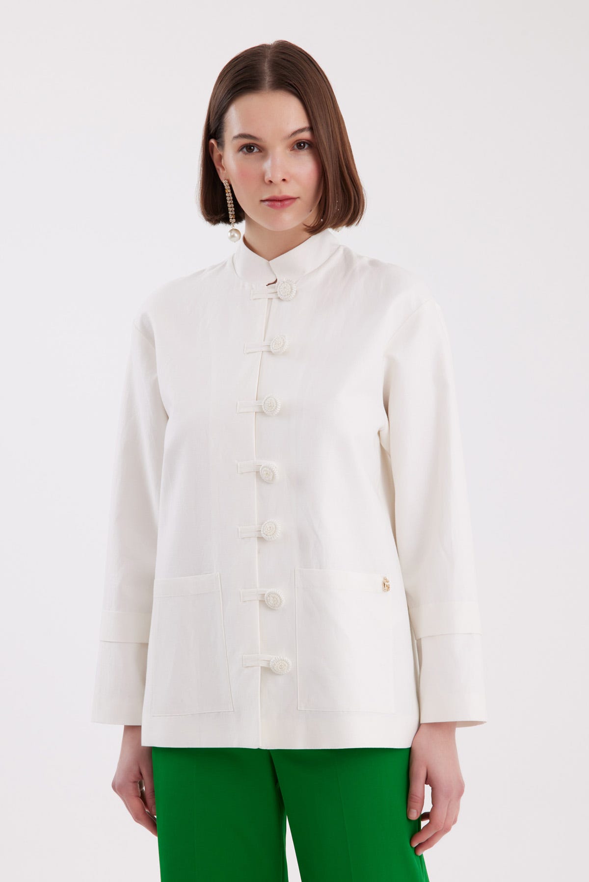 Mandarin Yaka El Yapımı Ekru Ceket