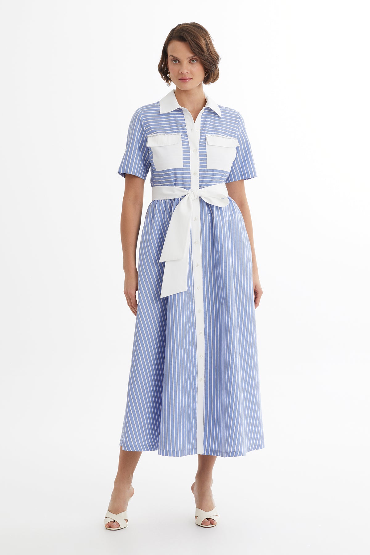 Kuşak Bağlamalı Çizgili Mavi Elbise