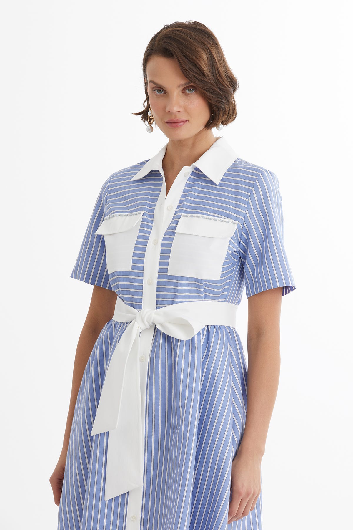 Kuşak Bağlamalı Çizgili Mavi Elbise