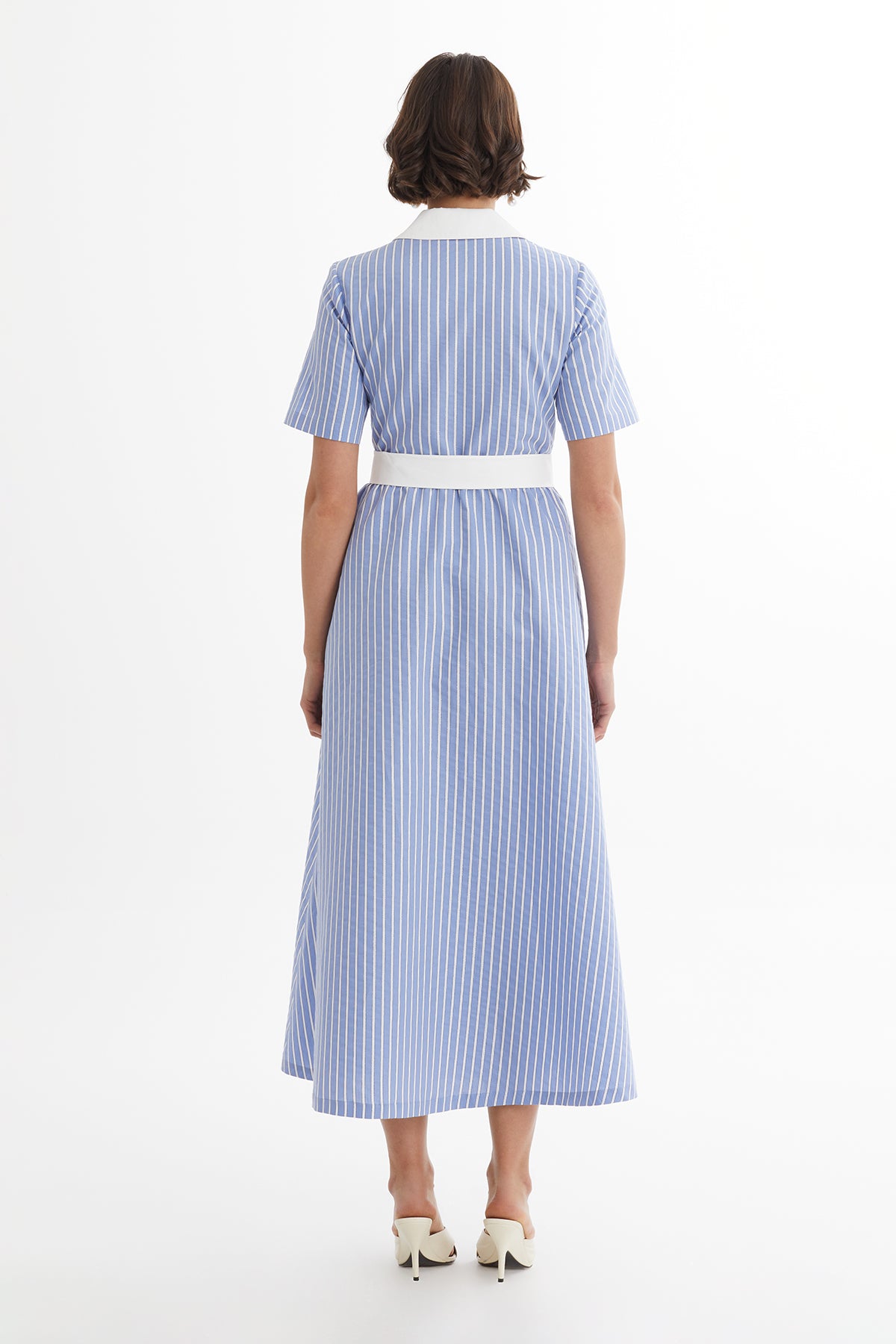 Kuşak Bağlamalı Çizgili Mavi Elbise