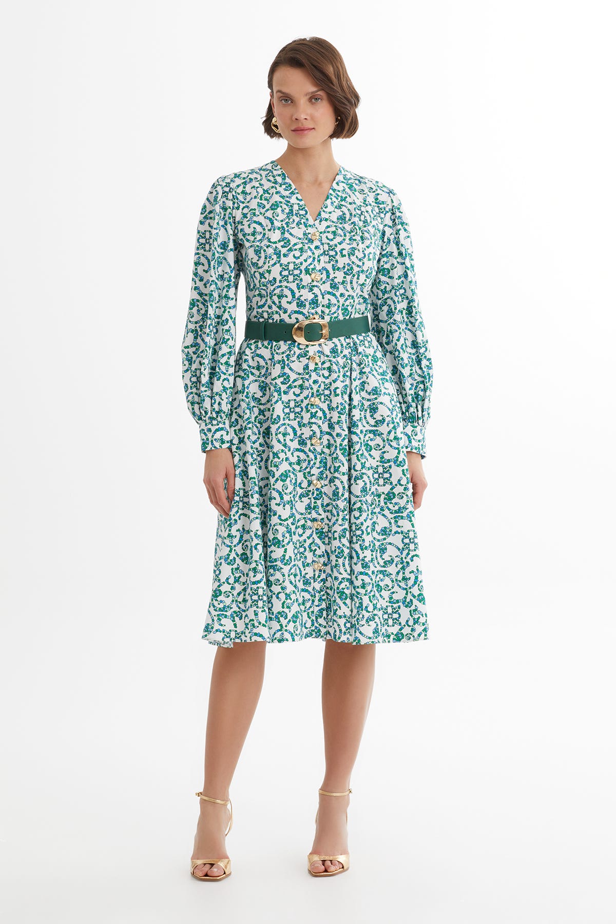 Deri Kemerli Desenli Beyaz Elbise