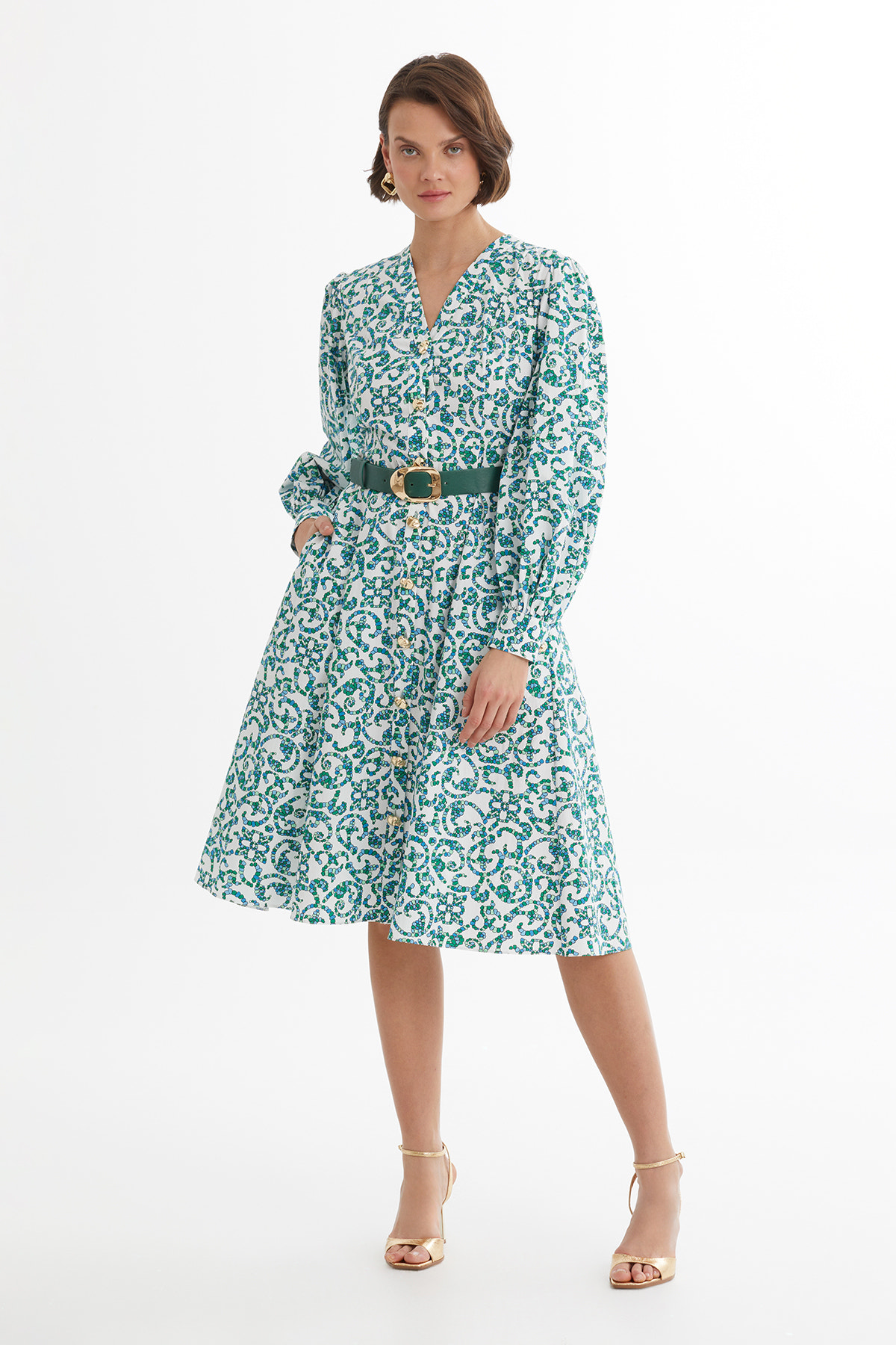 Deri Kemerli Desenli Beyaz Elbise