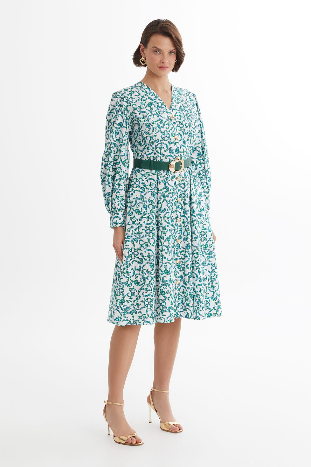 Deri Kemerli Desenli Beyaz Elbise