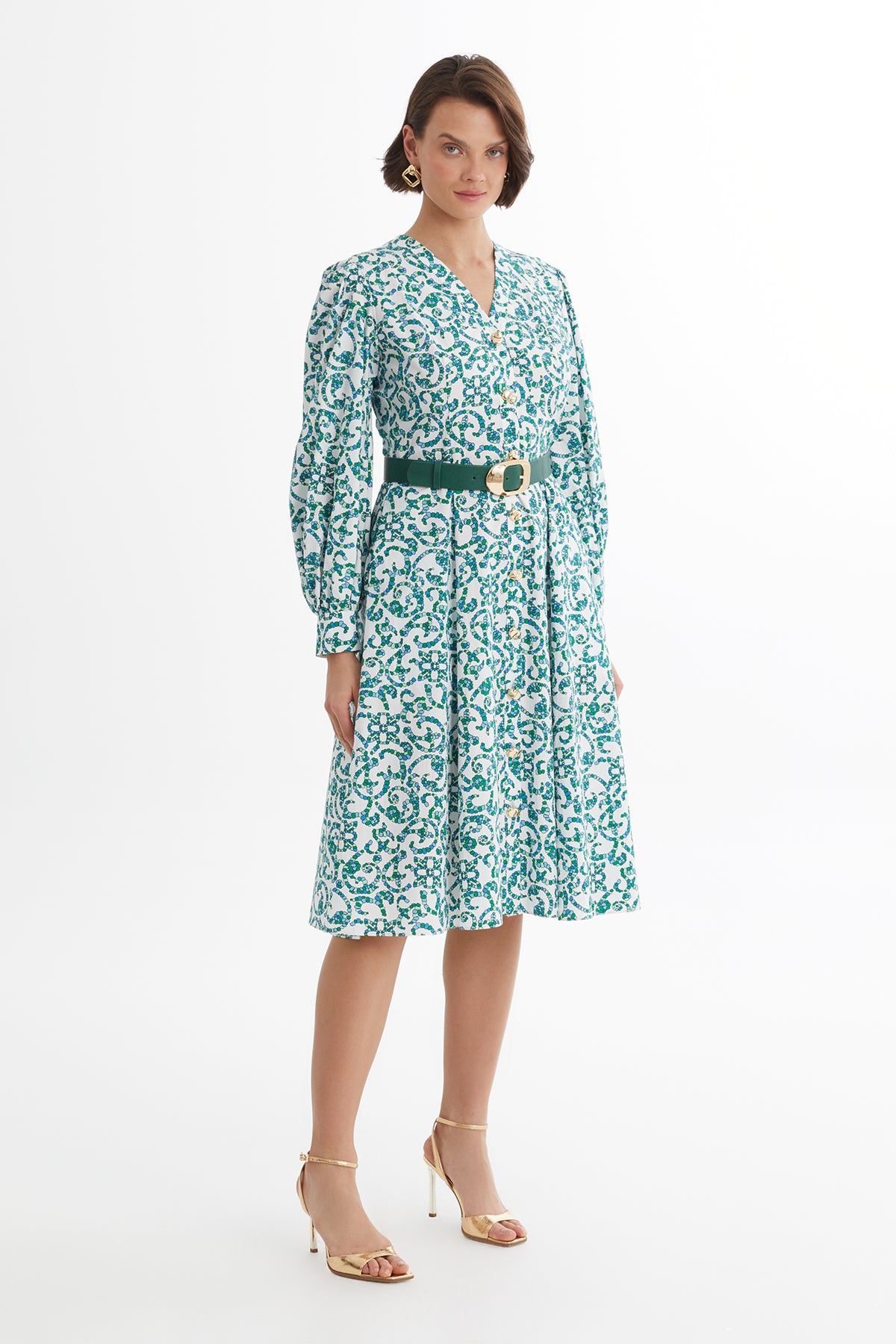 Deri Kemerli Desenli Beyaz Elbise