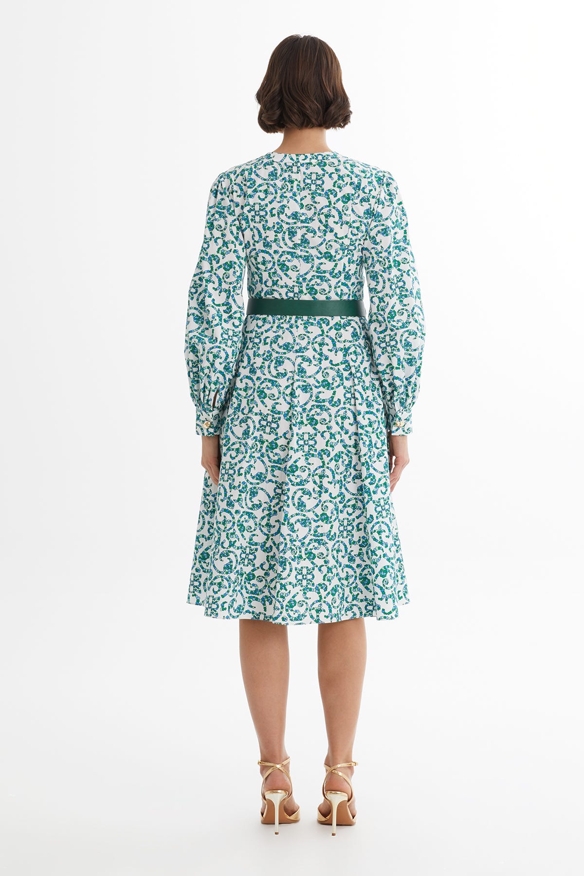 Deri Kemerli Desenli Beyaz Elbise