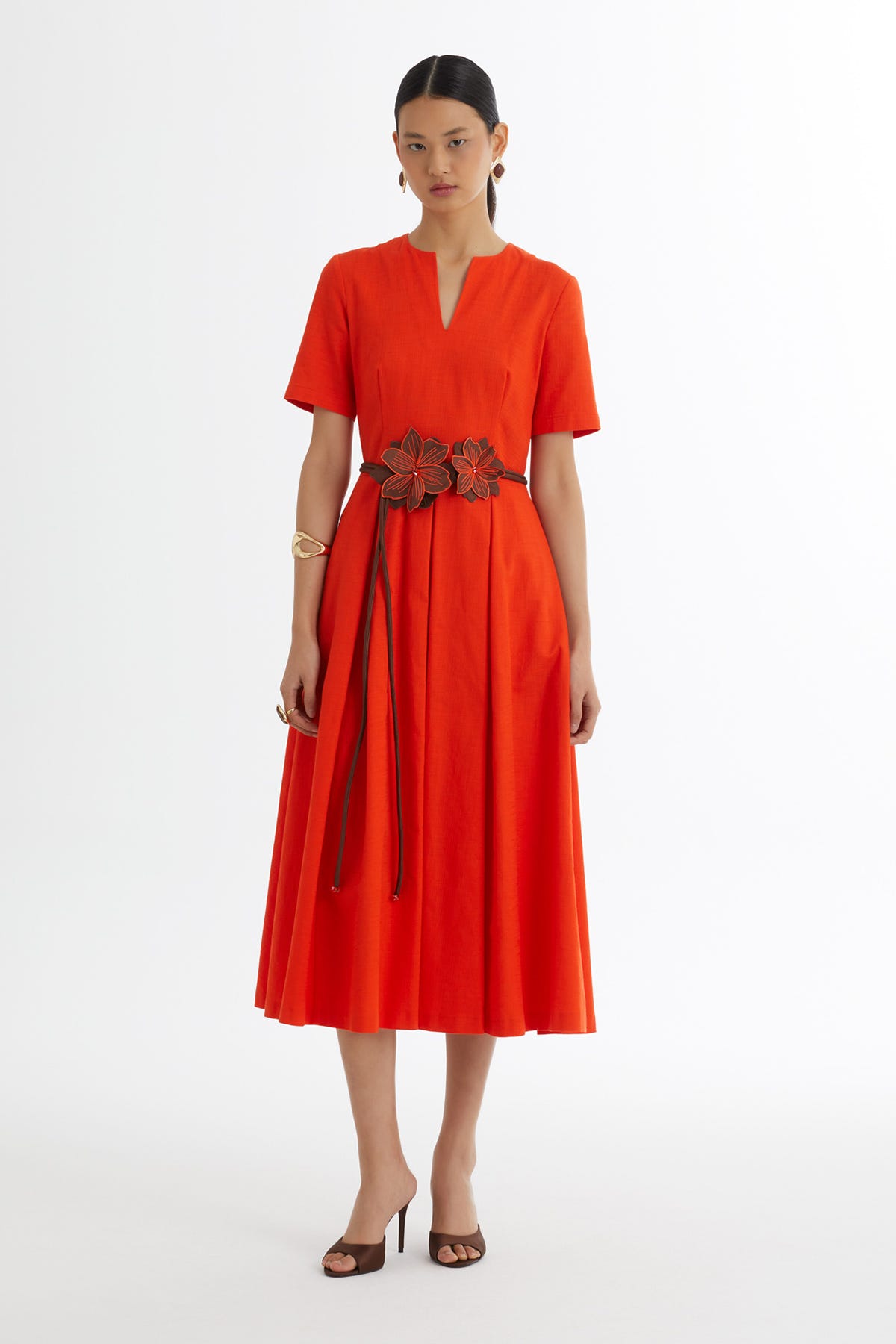 Çiçekli Kordon Kemerli Kırmızı Elbise