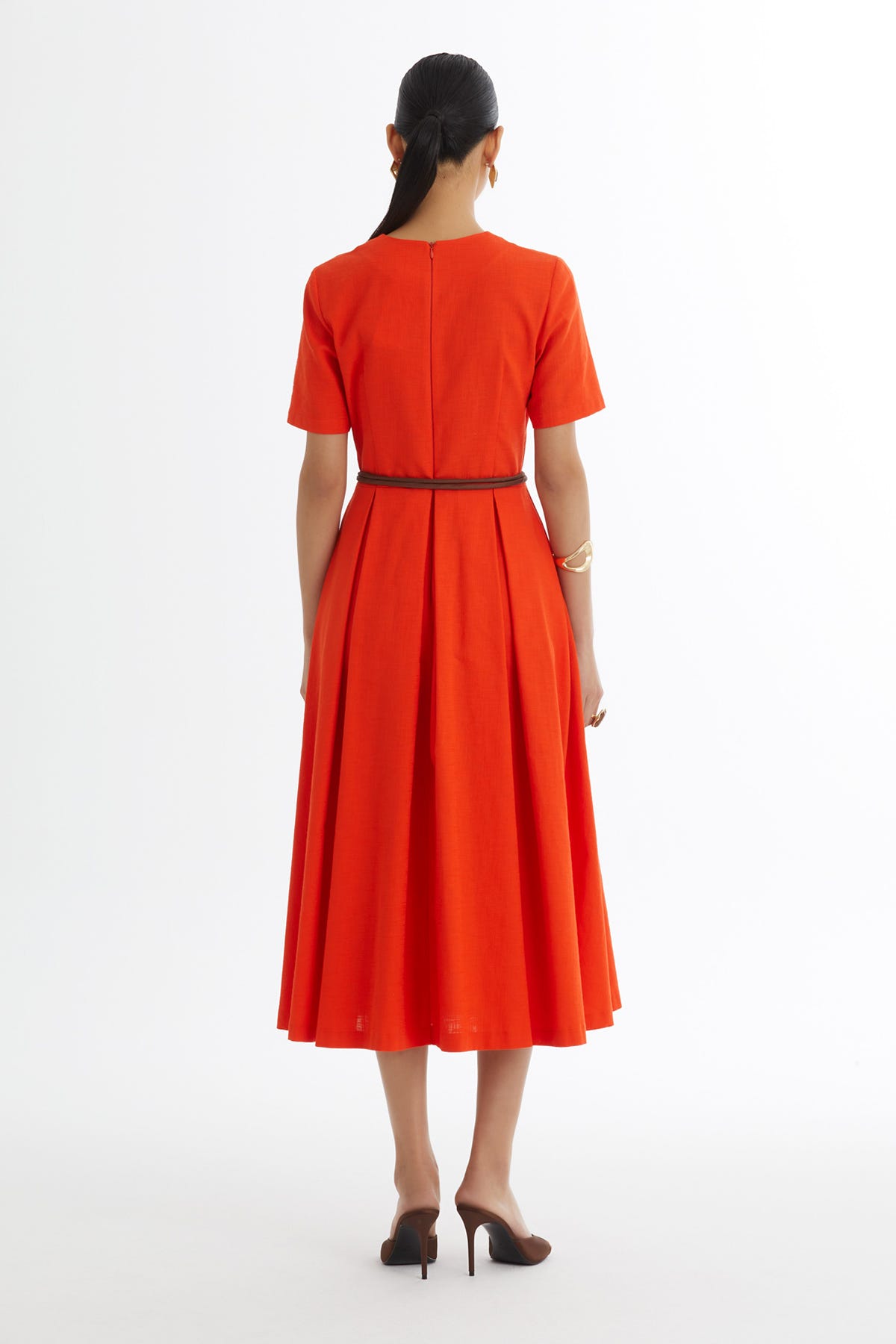 Çiçekli Kordon Kemerli Kırmızı Elbise