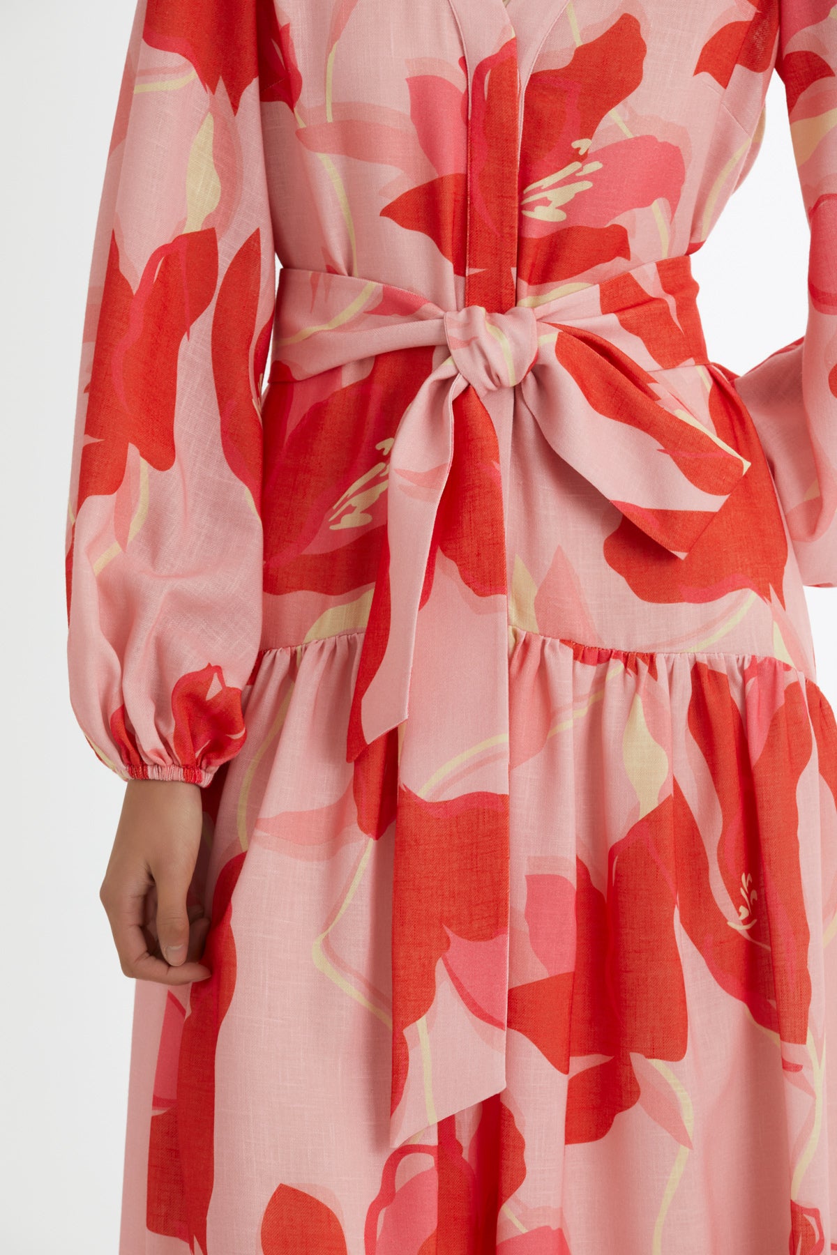 Kuşak Bağlamalı Desenli Pembe Elbise