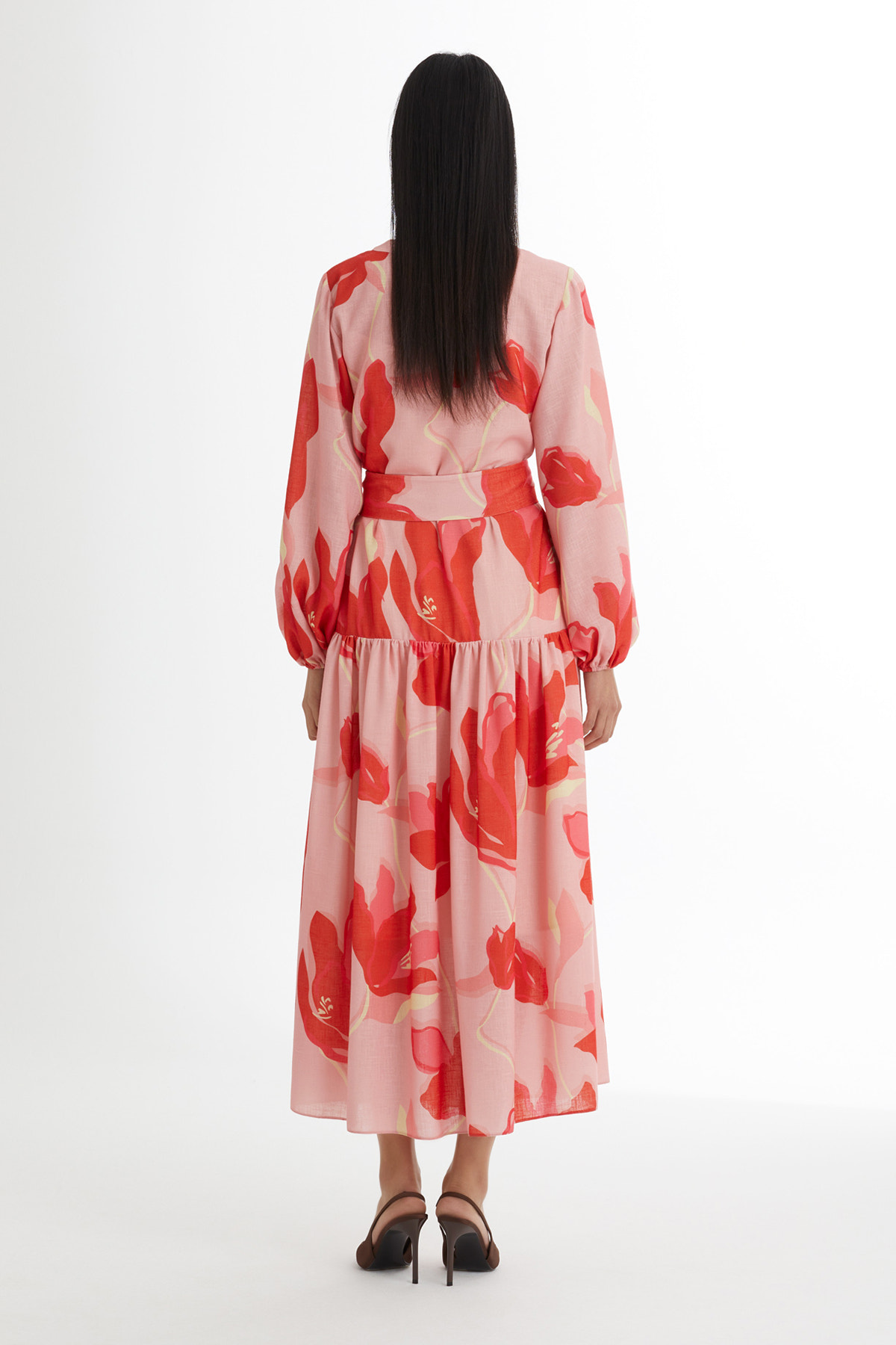 Kuşak Bağlamalı Desenli Pembe Elbise