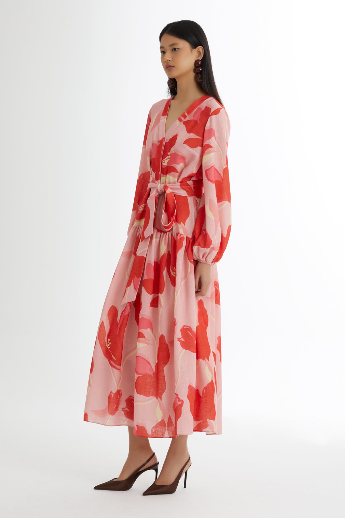 Kuşak Bağlamalı Desenli Pembe Elbise