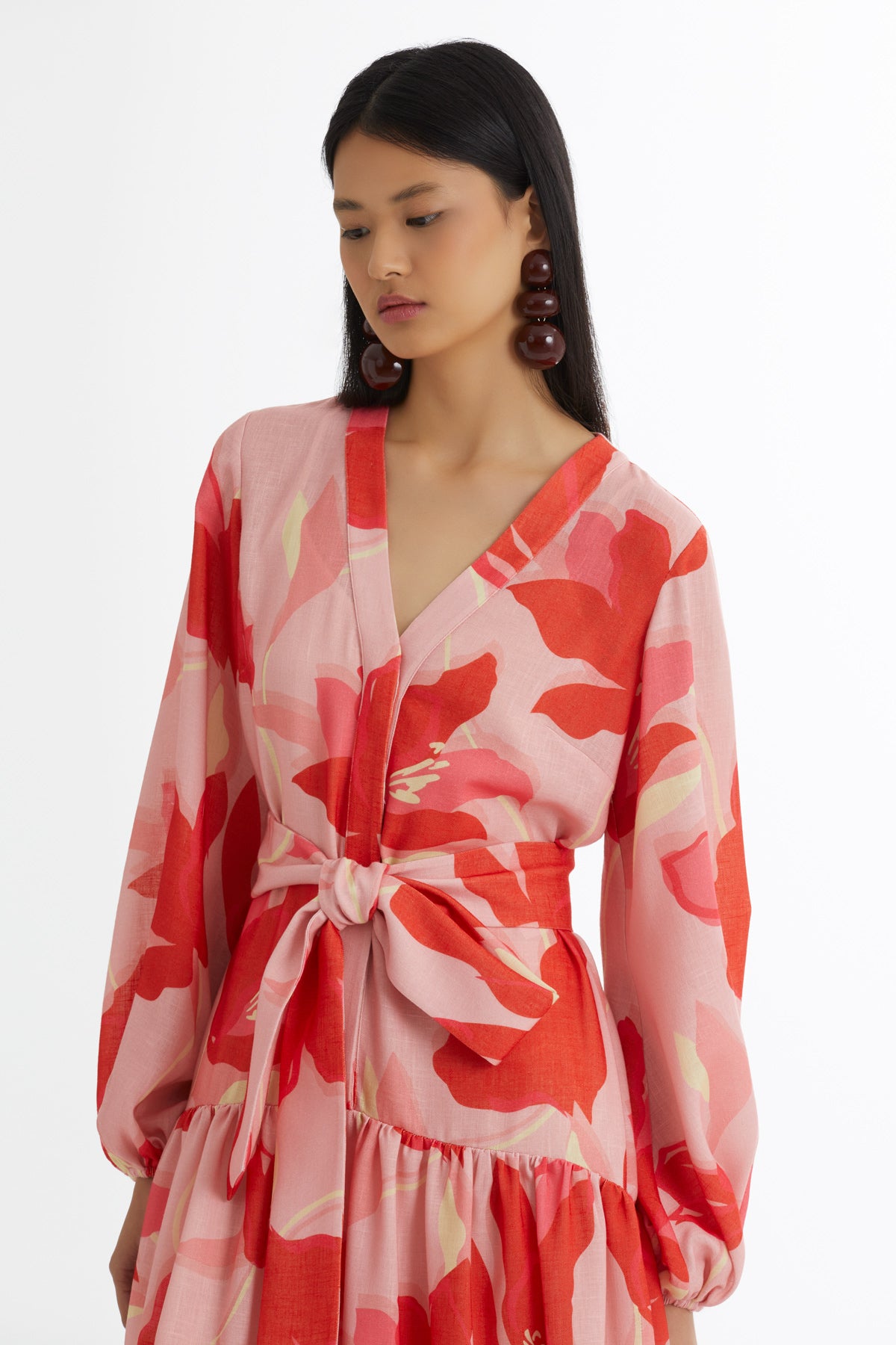 Kuşak Bağlamalı Desenli Pembe Elbise