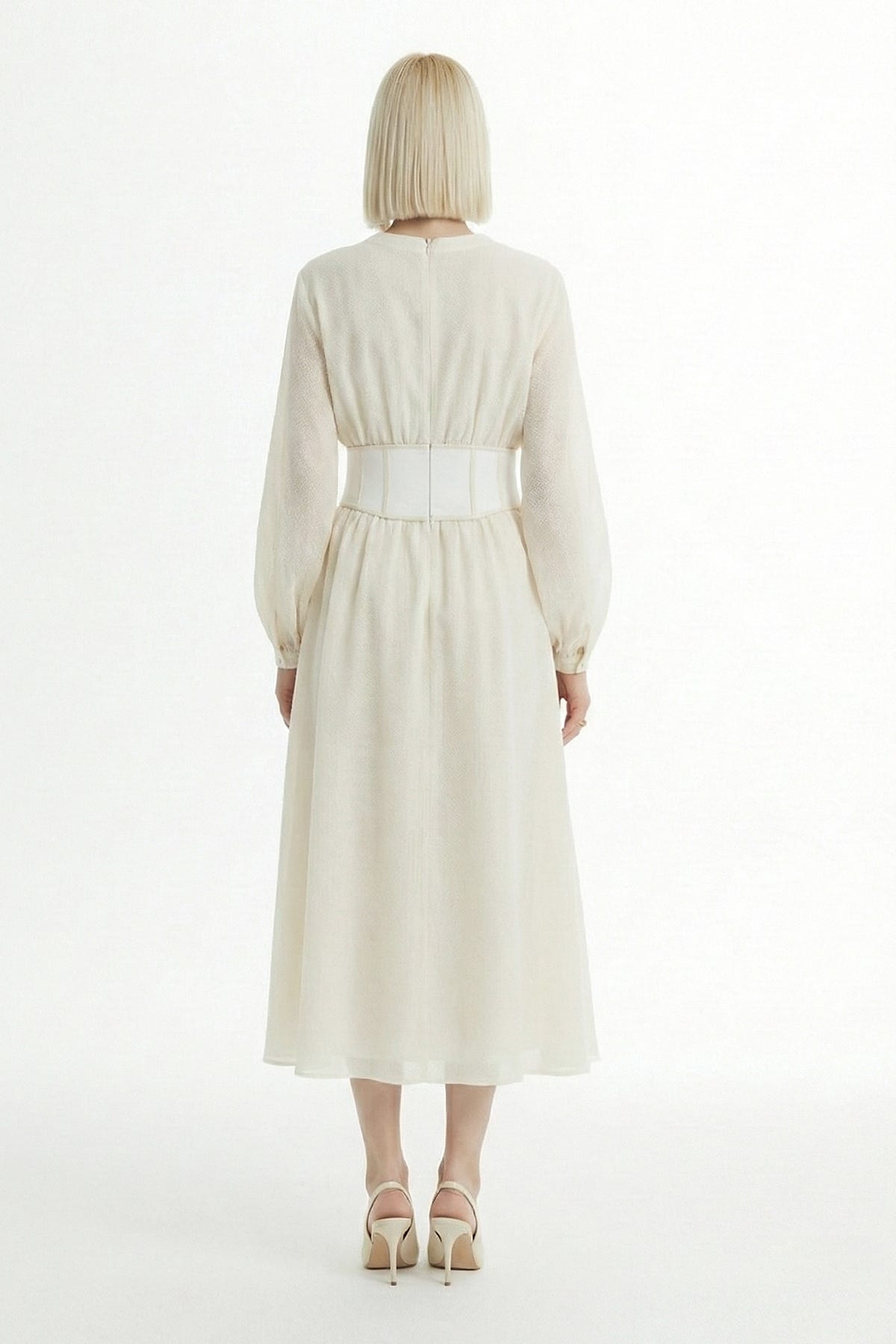 Korseli Balon Kollu Ekru Elbise