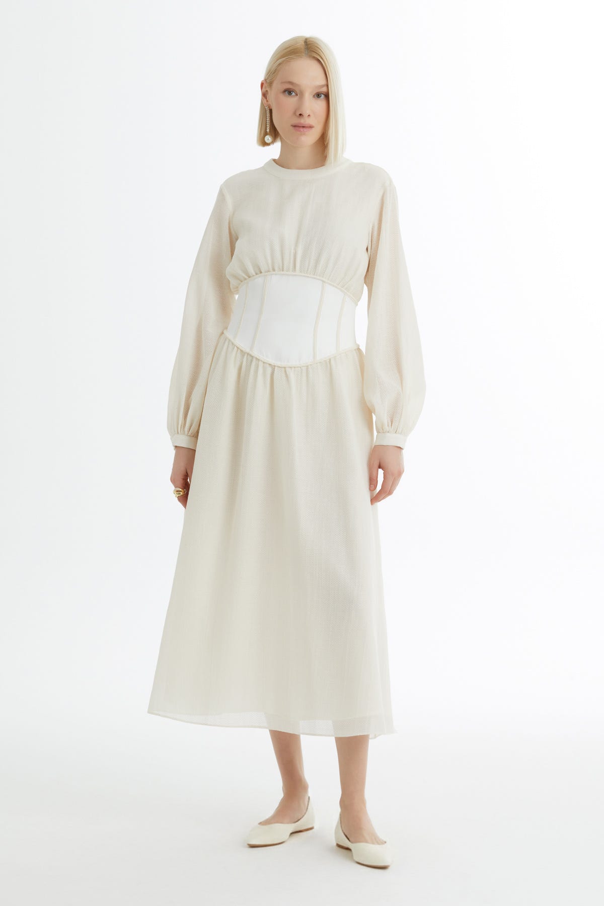 Korseli Balon Kollu Ekru Elbise