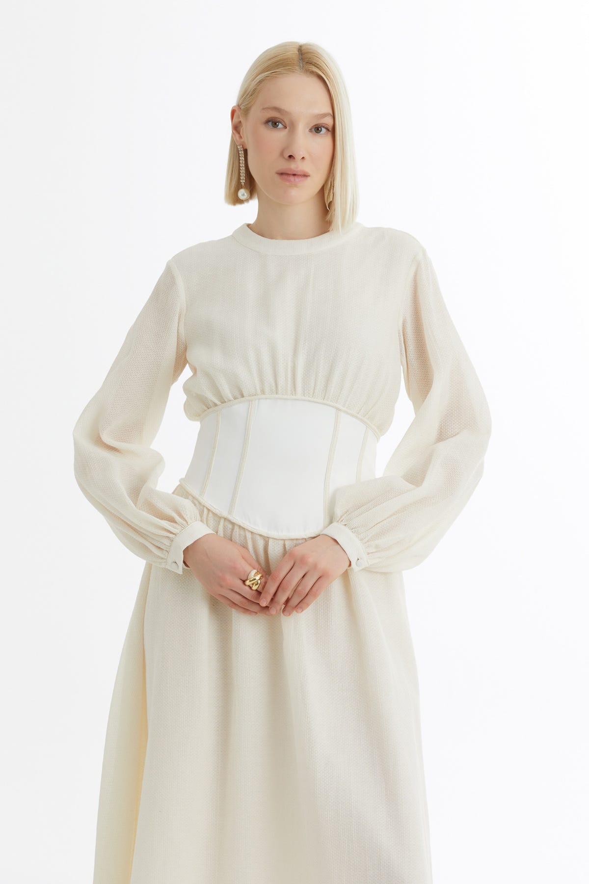 Korseli Balon Kollu Ekru Elbise