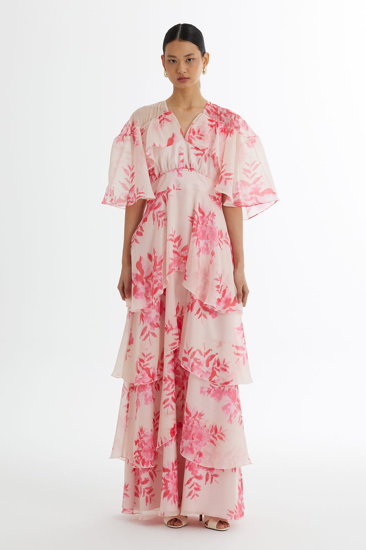 İşlemeli Desenli Volanlı Pembe Elbise