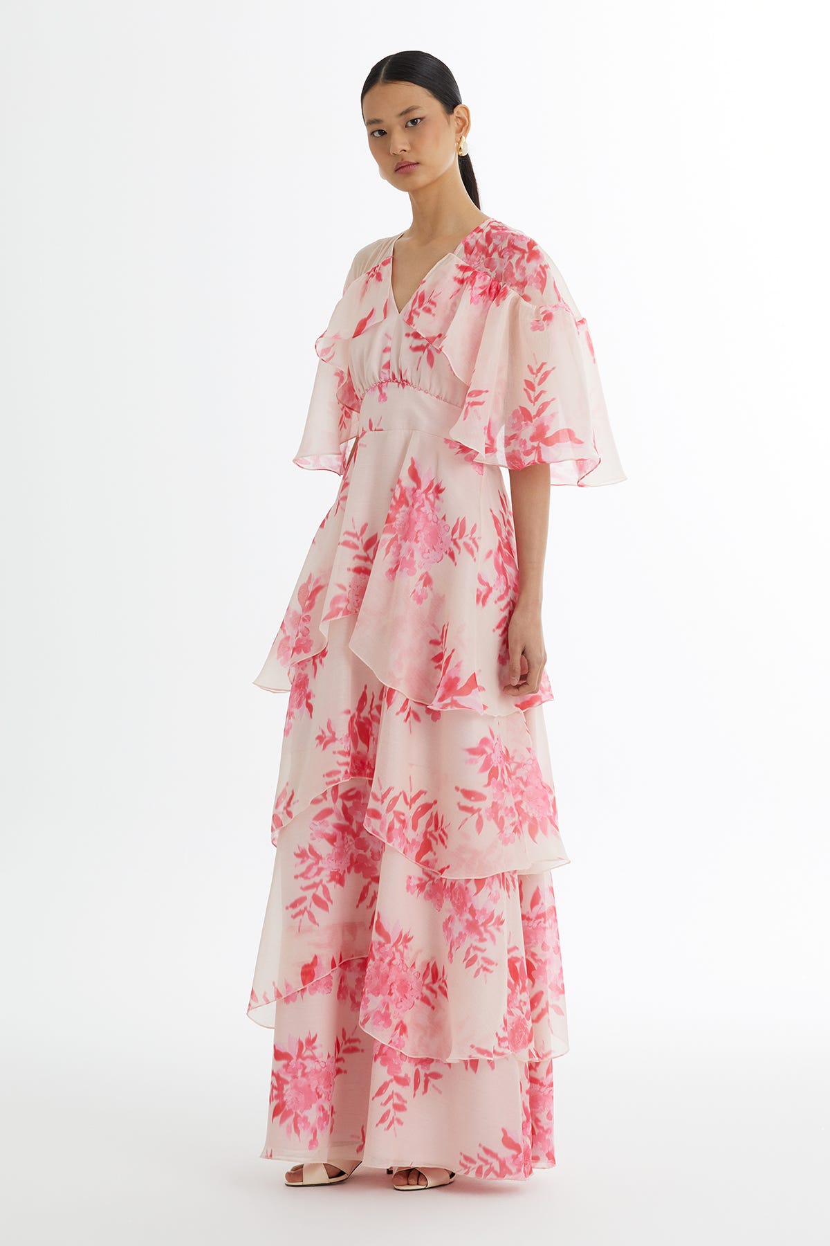 İşlemeli Desenli Volanlı Pembe Elbise