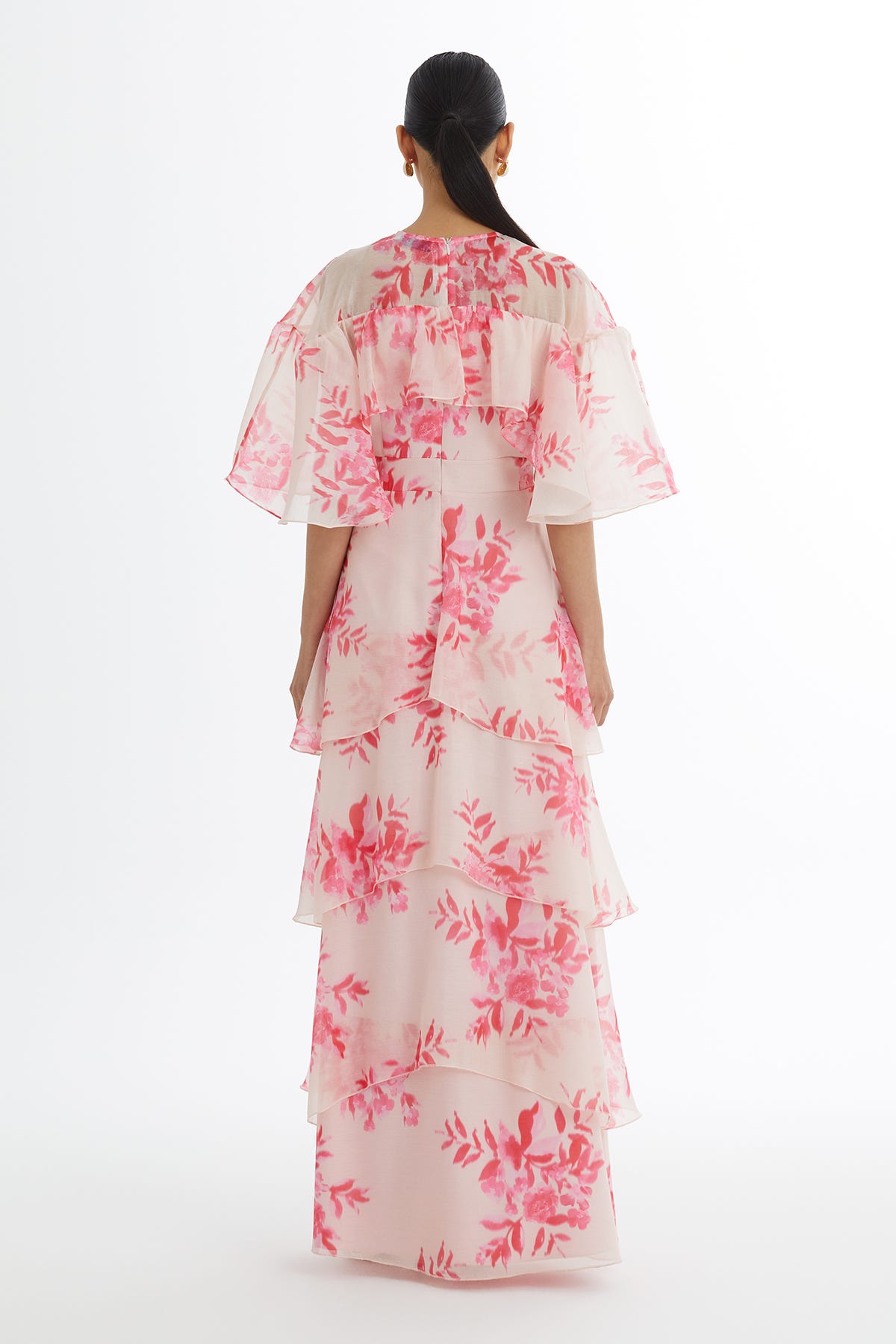 İşlemeli Desenli Volanlı Pembe Elbise