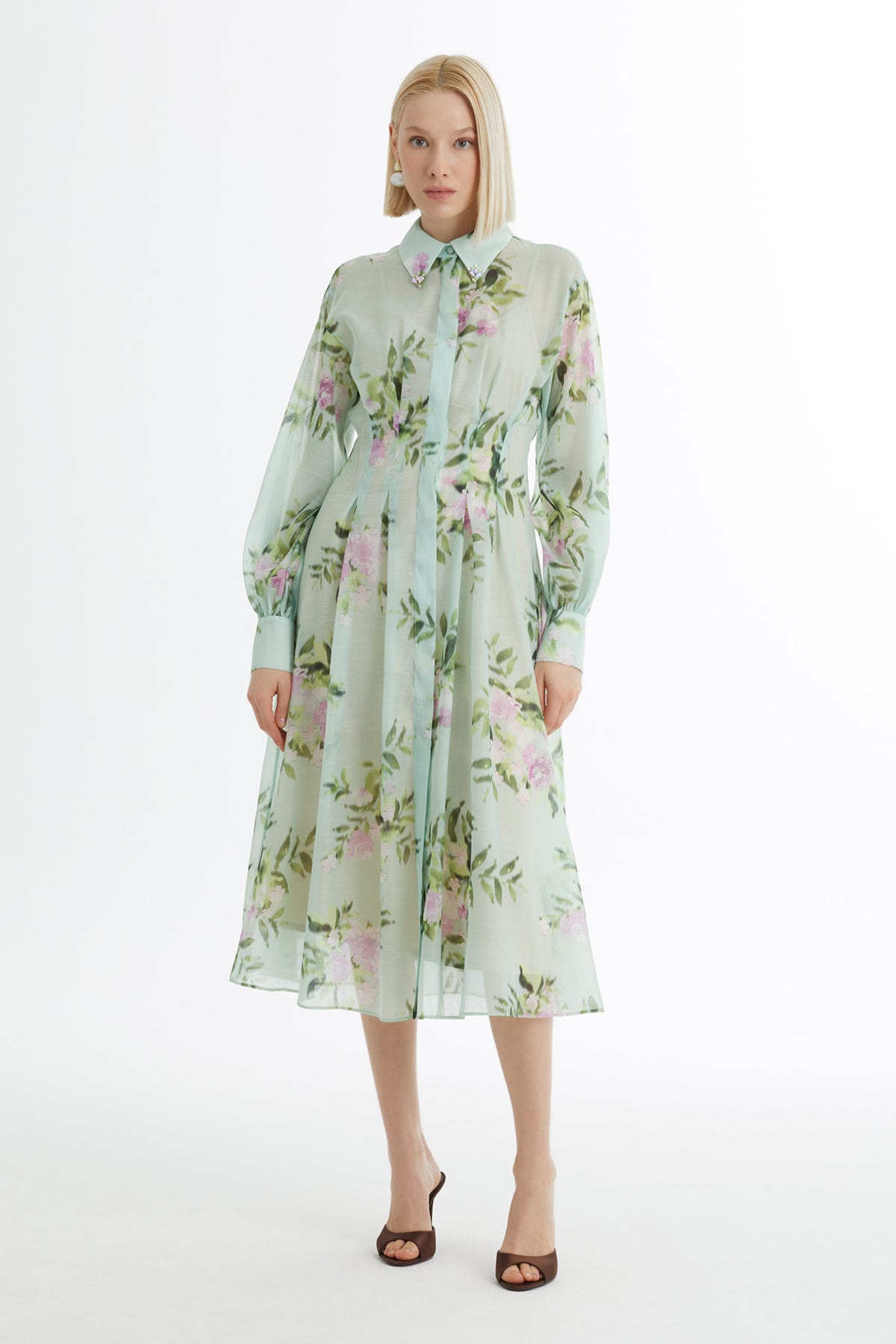 Balon Kollu İşlemeli Desenli Yeşil Elbise