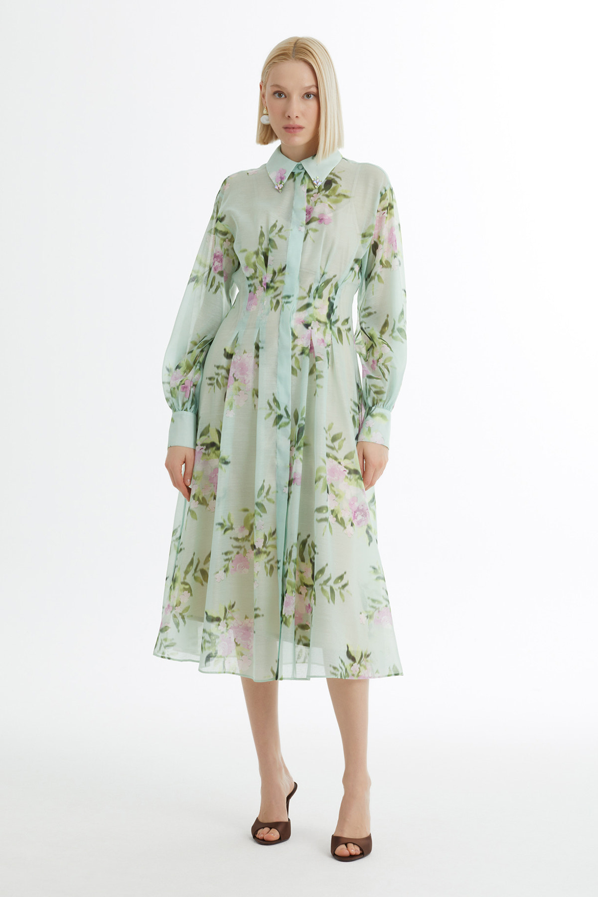 Balon Kollu İşlemeli Desenli Yeşil Elbise