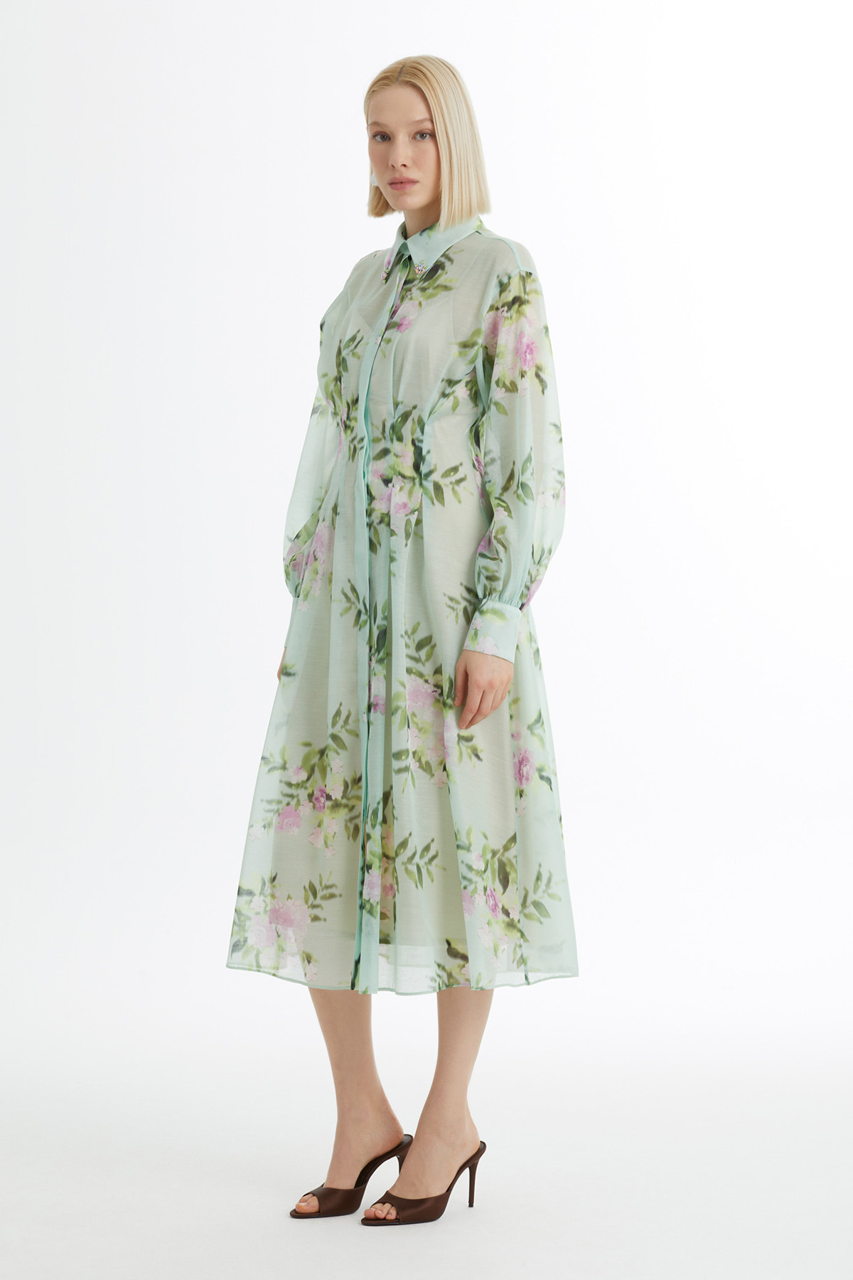 Balon Kollu İşlemeli Desenli Yeşil Elbise