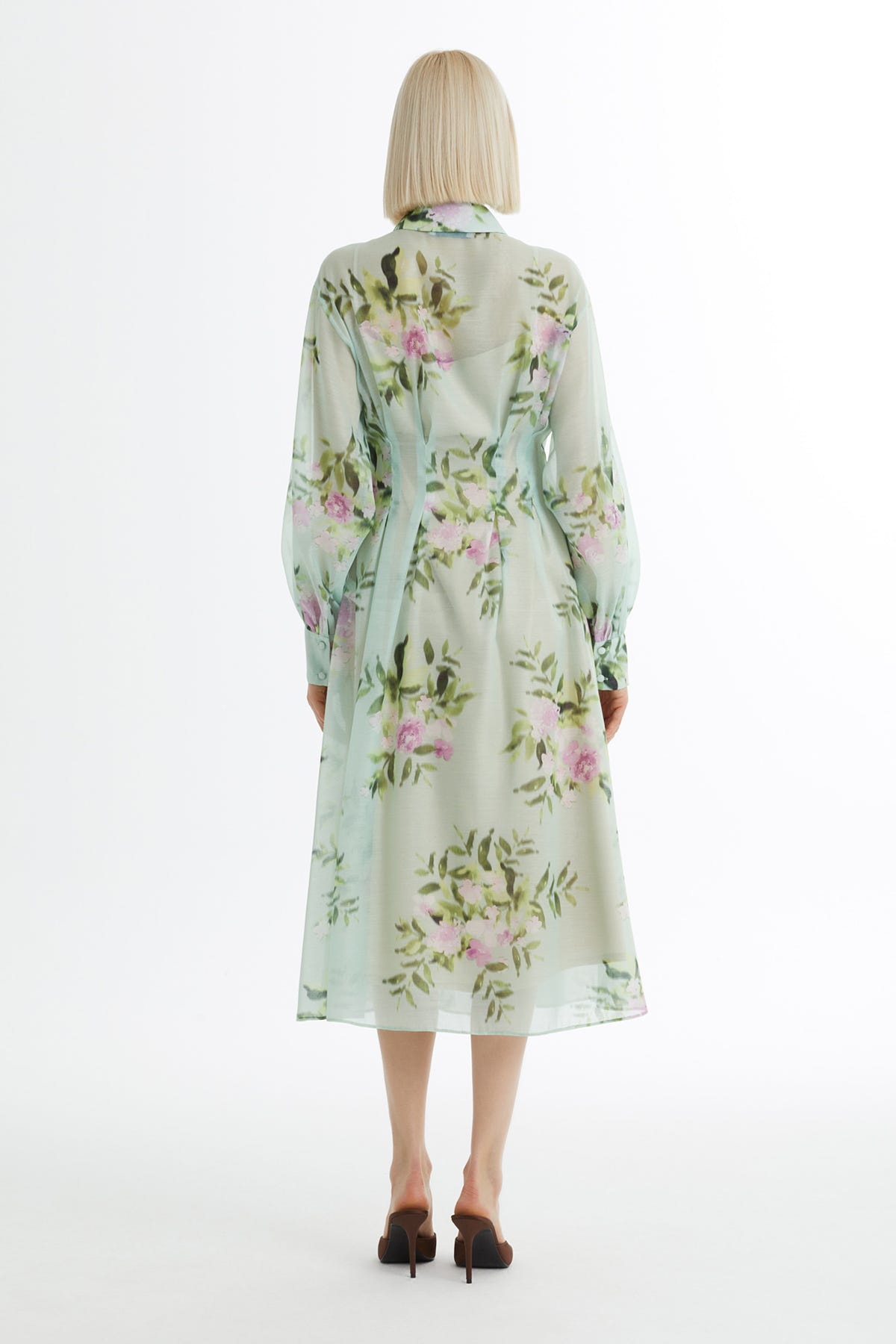 Balon Kollu İşlemeli Desenli Yeşil Elbise