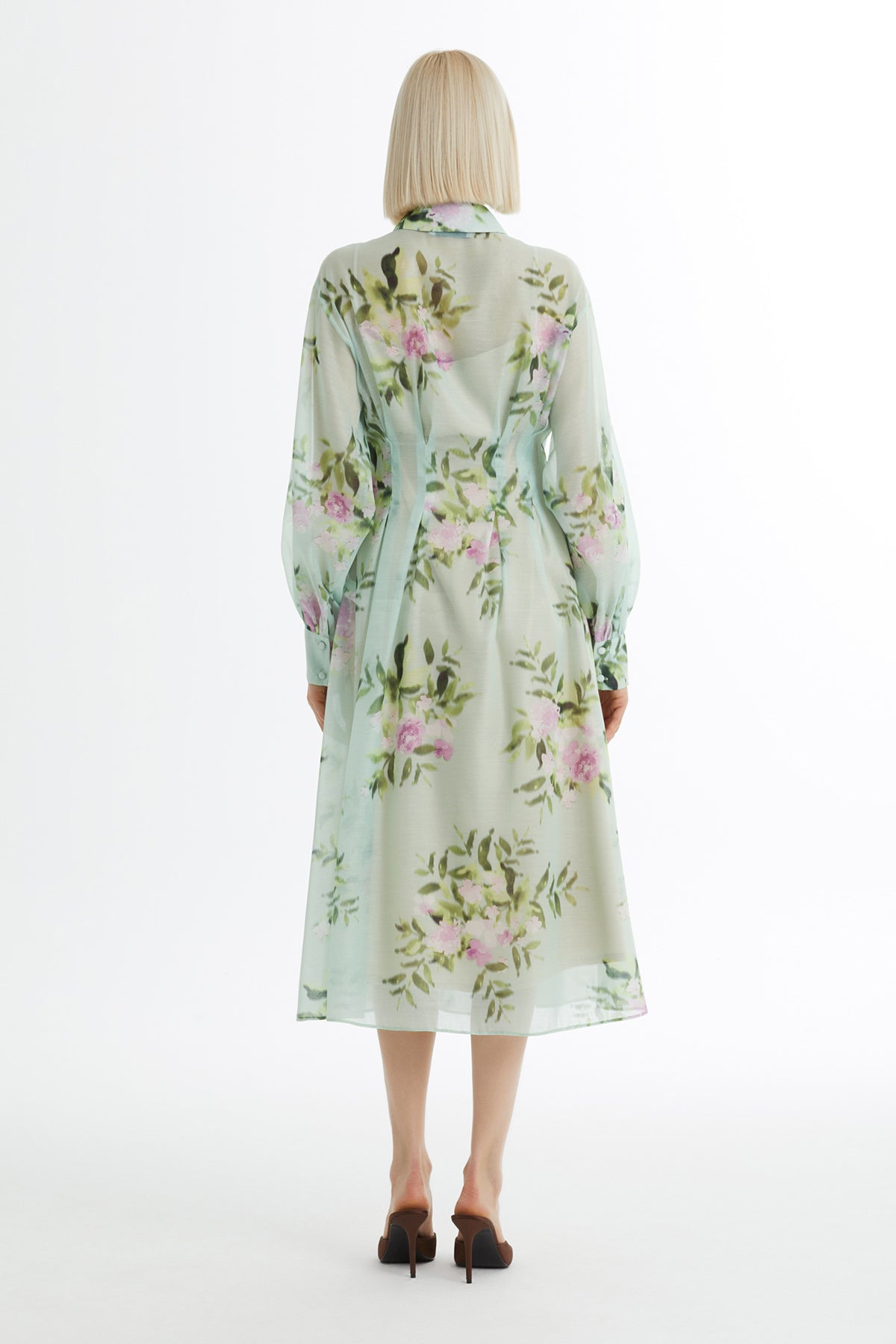 Balon Kollu İşlemeli Desenli Yeşil Elbise