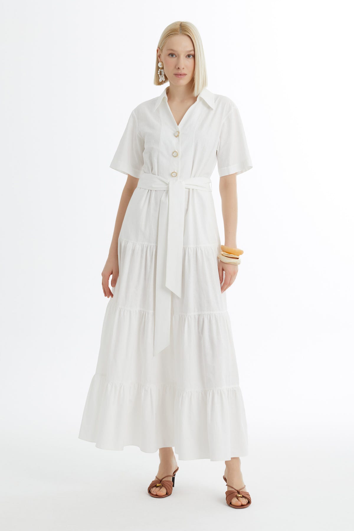 Kuşak Bağlamalı Büzgülü Ekru Elbise
