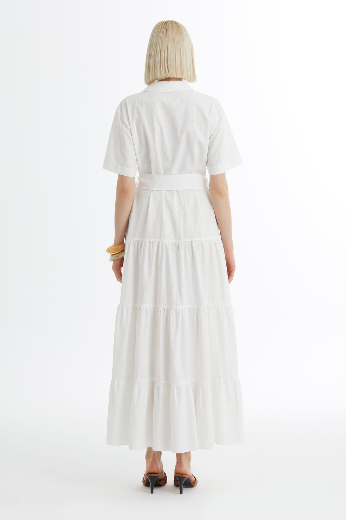 Kuşak Bağlamalı Büzgülü Ekru Elbise