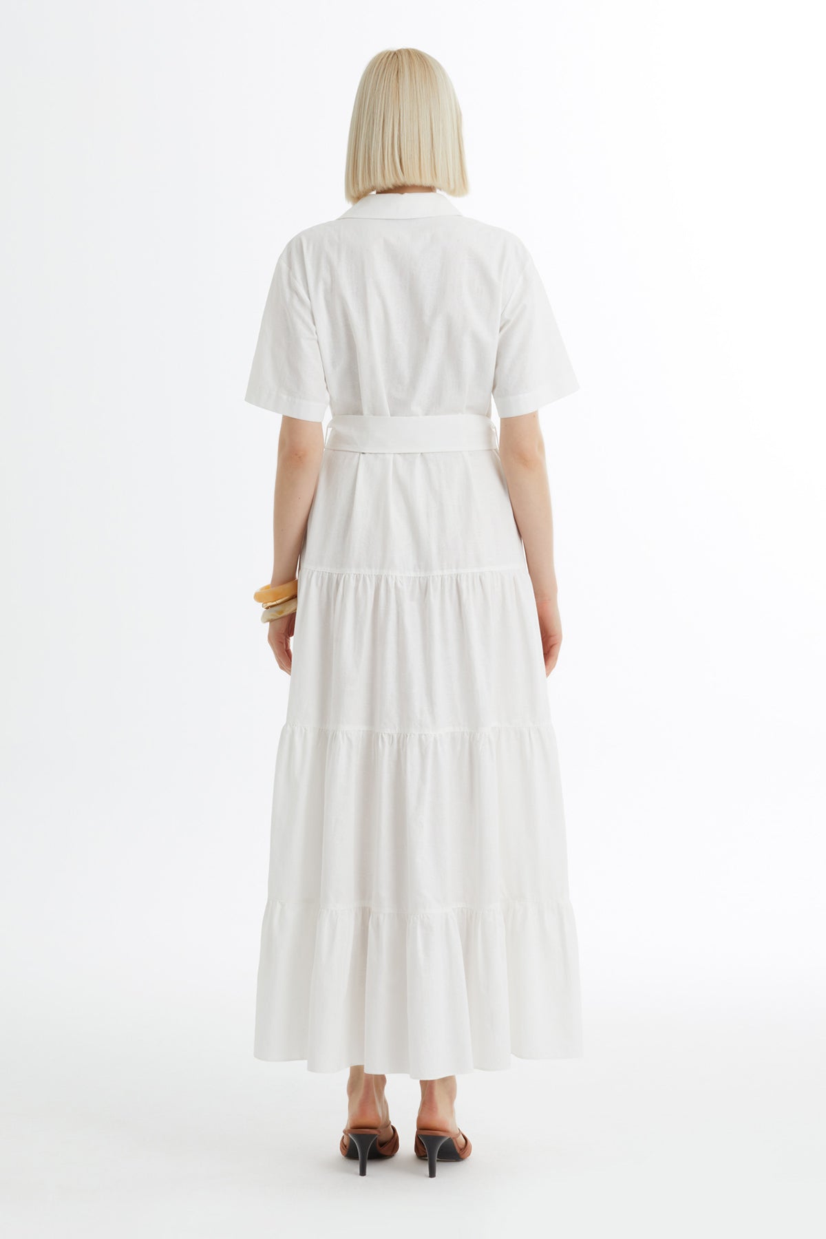 Kuşak Bağlamalı Büzgülü Ekru Elbise