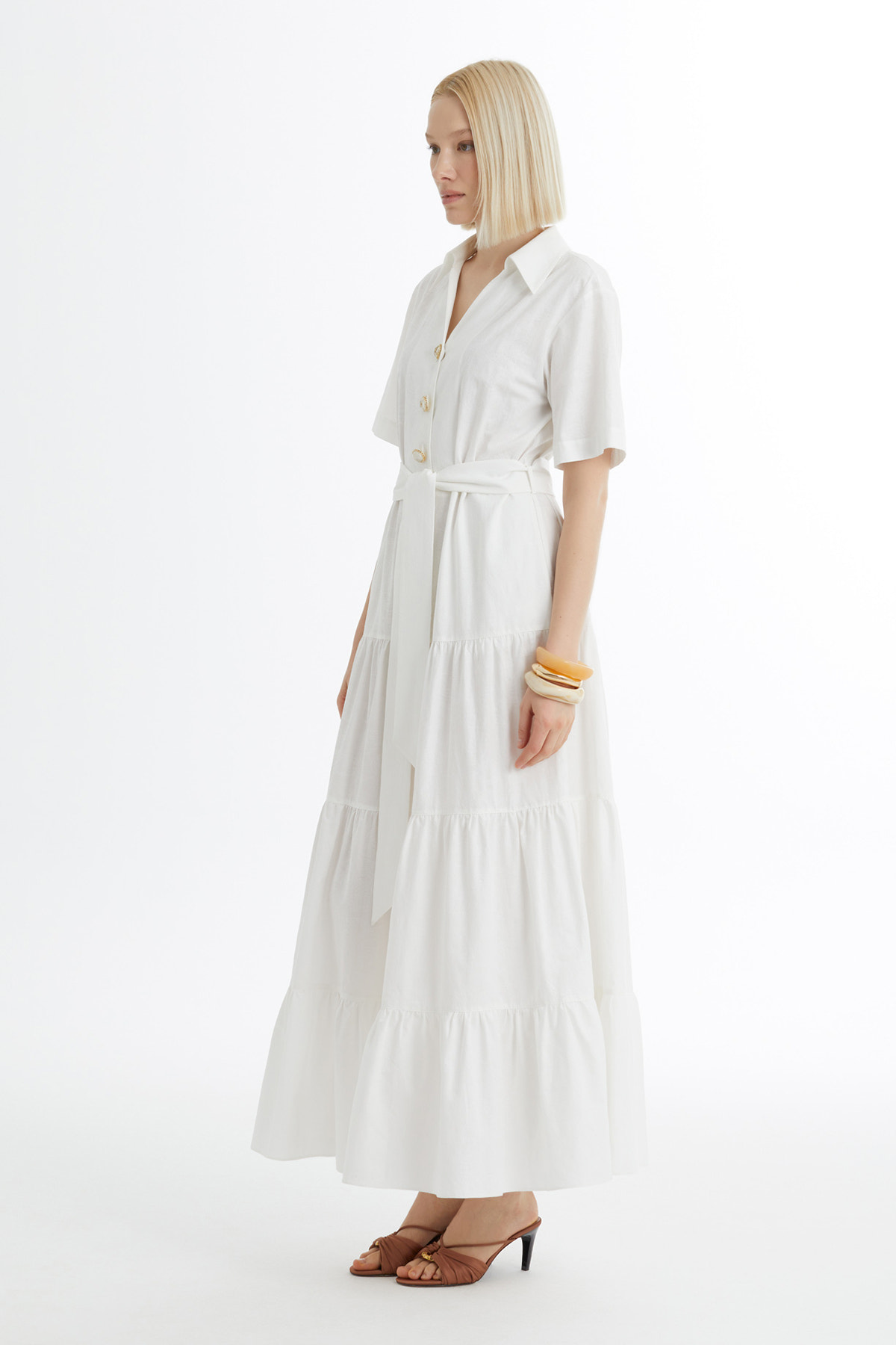 Kuşak Bağlamalı Büzgülü Ekru Elbise