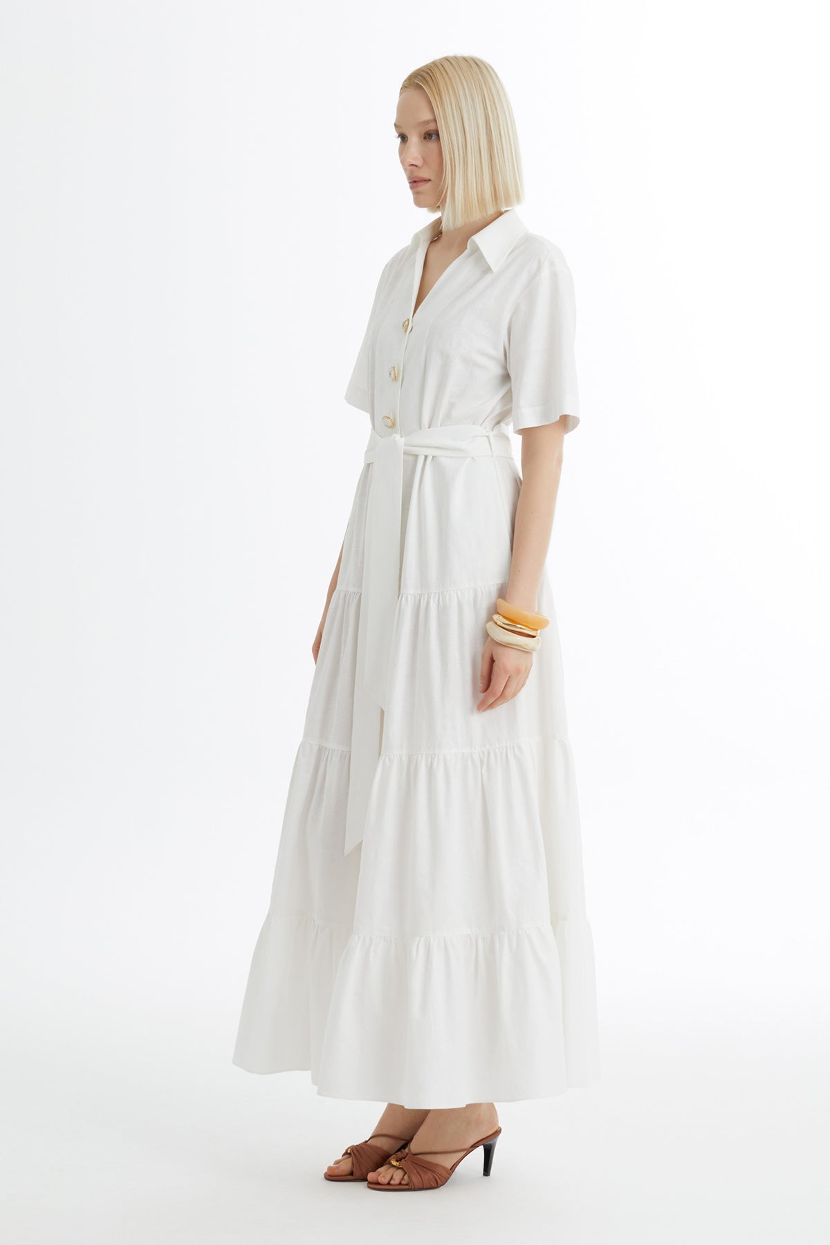 Kuşak Bağlamalı Büzgülü Ekru Elbise