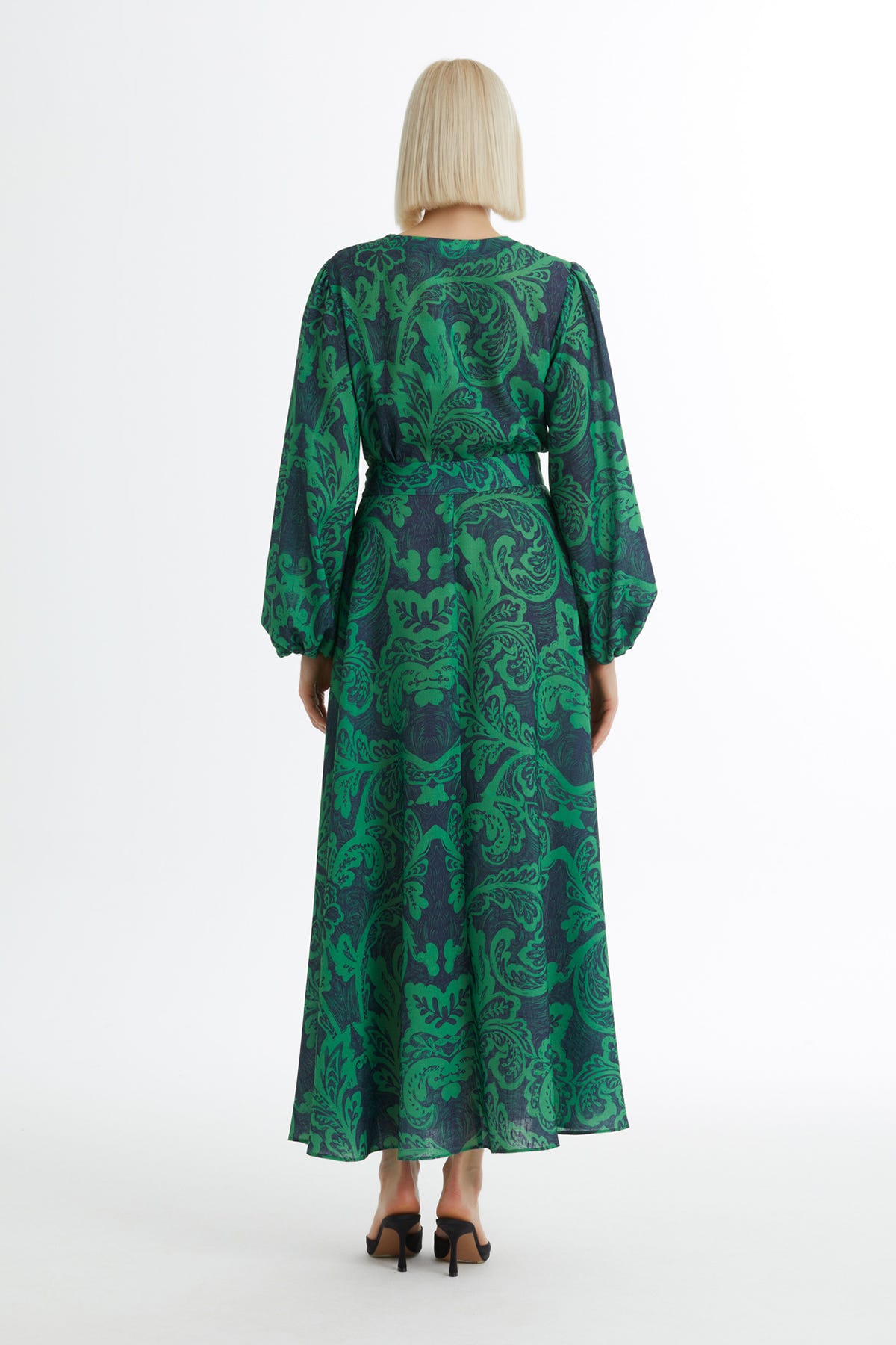 İşleme Detaylı Desenli Yeşil Elbise