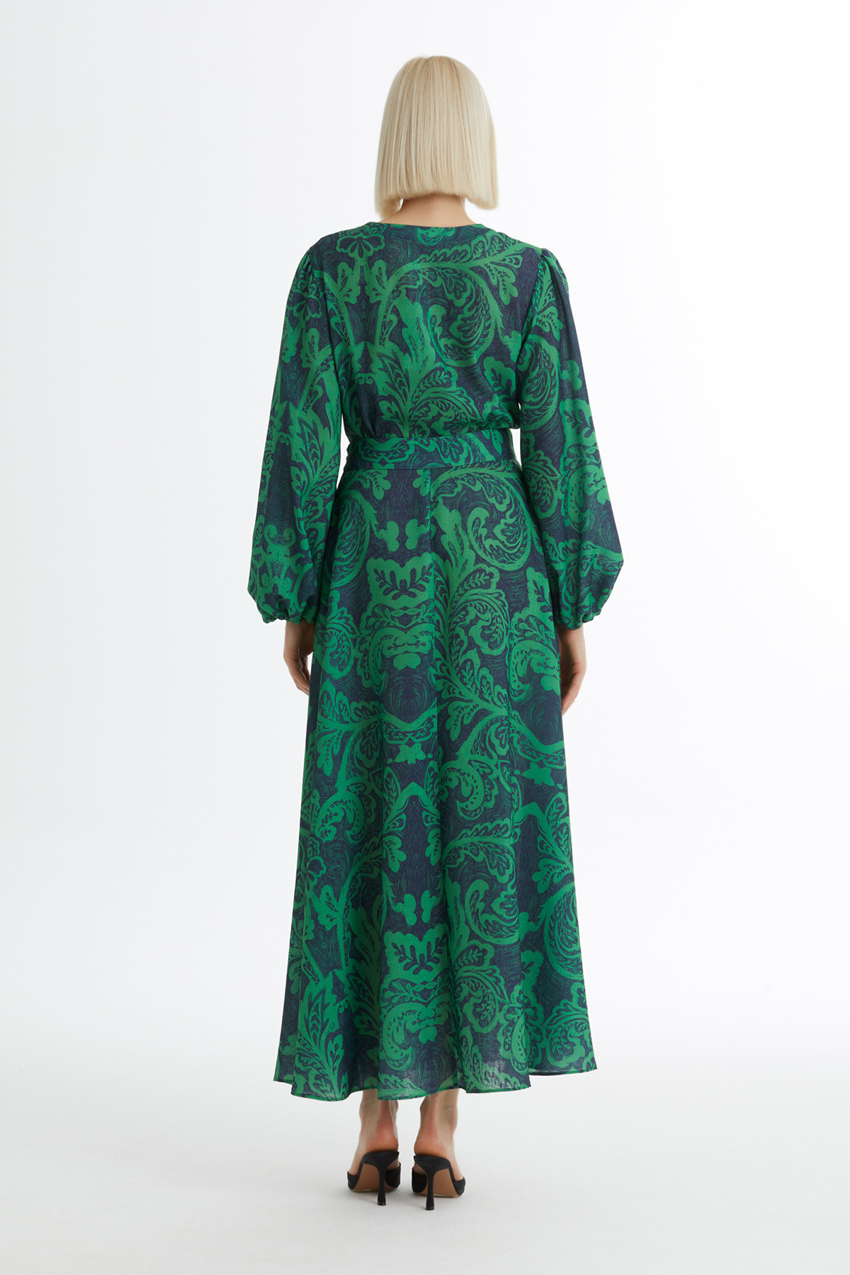 İşleme Detaylı Desenli Yeşil Elbise