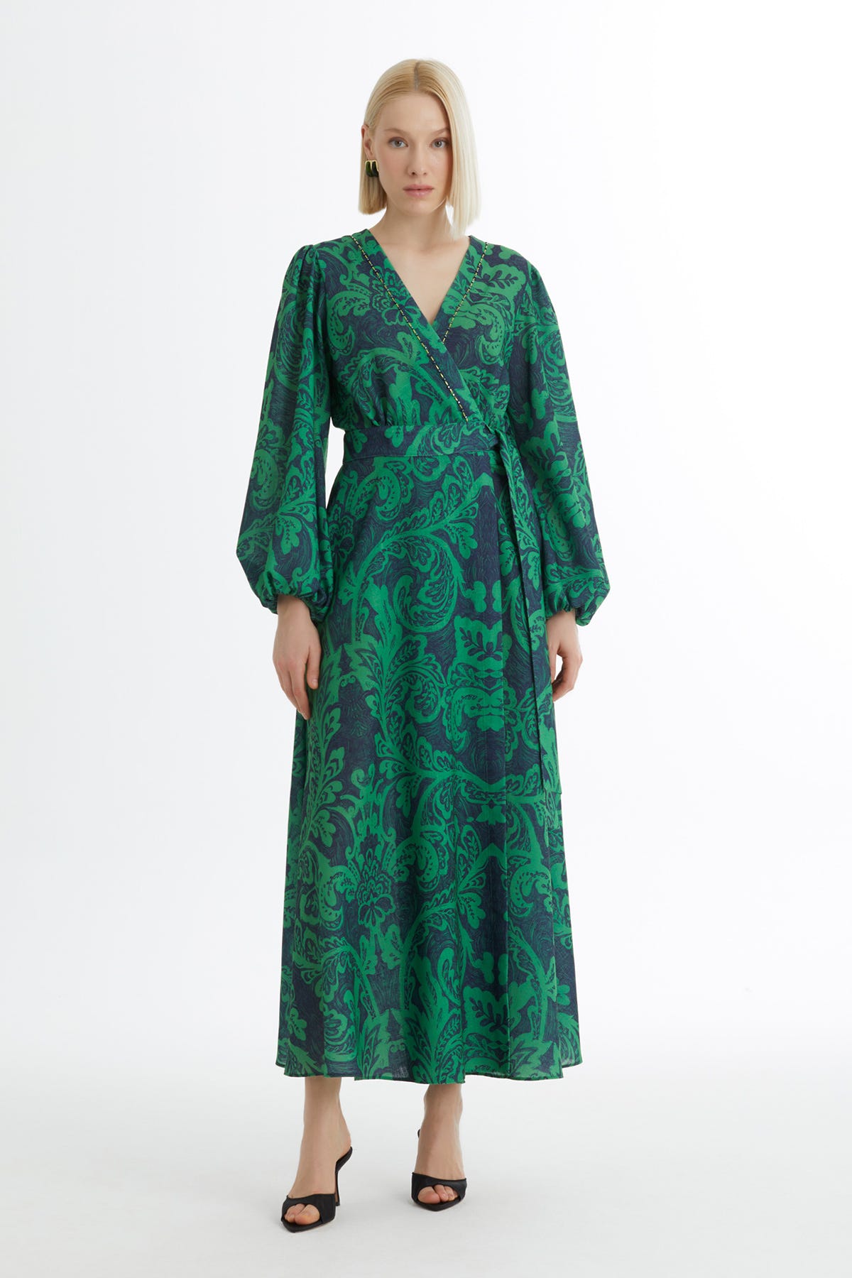 İşleme Detaylı Desenli Yeşil Elbise