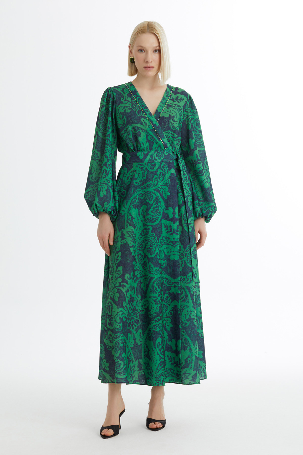 İşleme Detaylı Desenli Yeşil Elbise