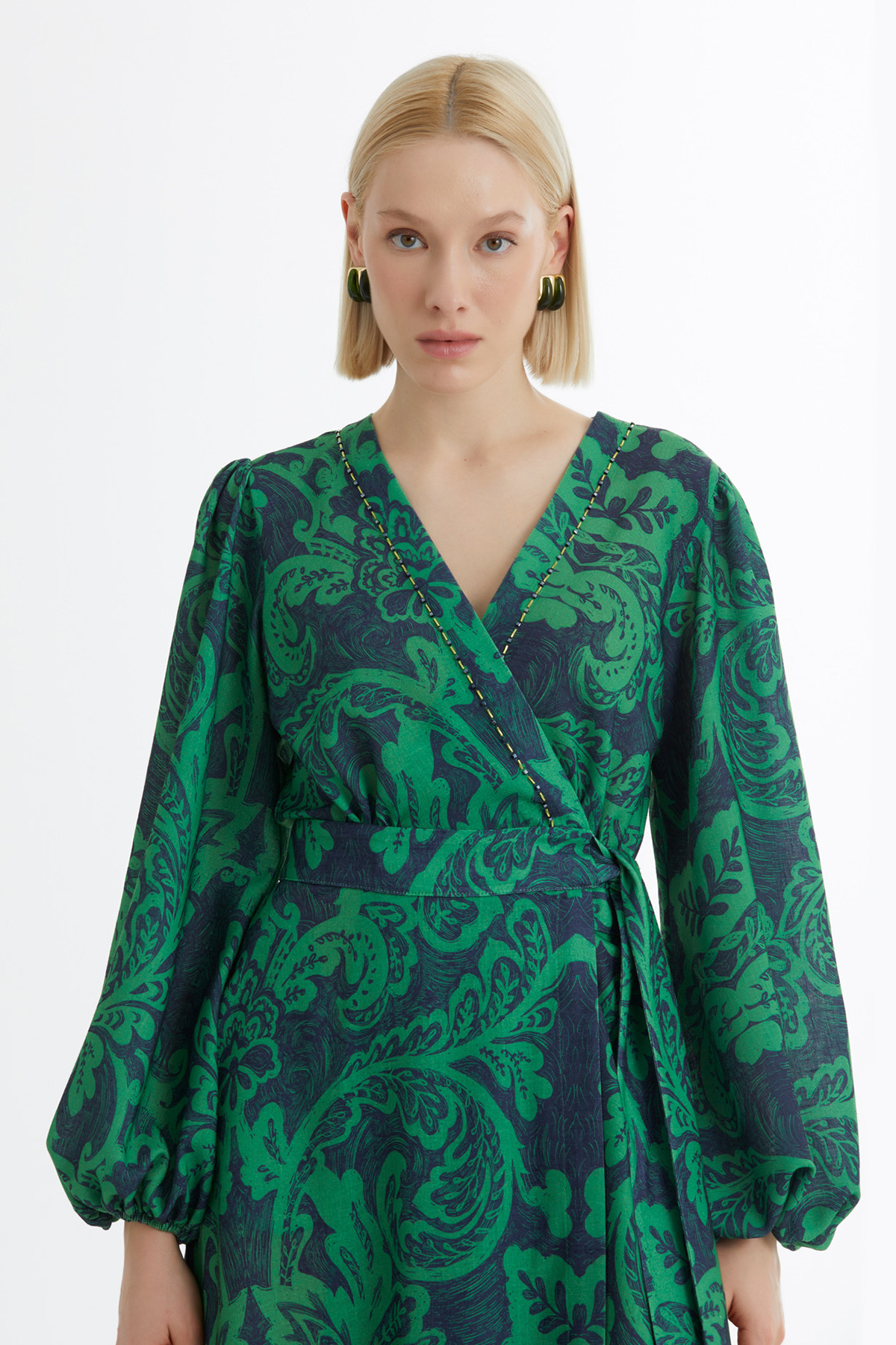 İşleme Detaylı Desenli Yeşil Elbise