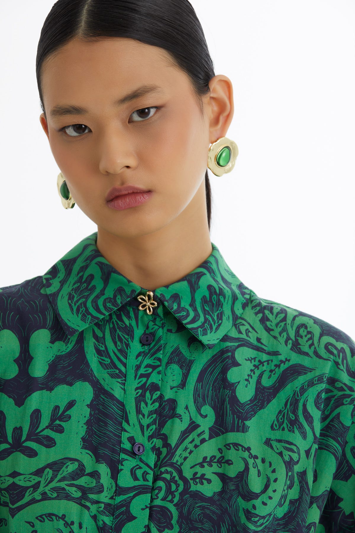 Deri Kemerli Desenli Yeşil Elbise