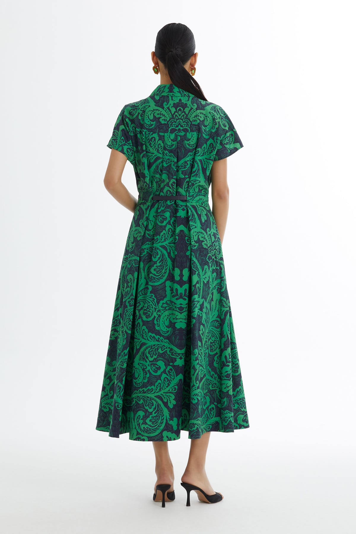 Deri Kemerli Desenli Yeşil Elbise