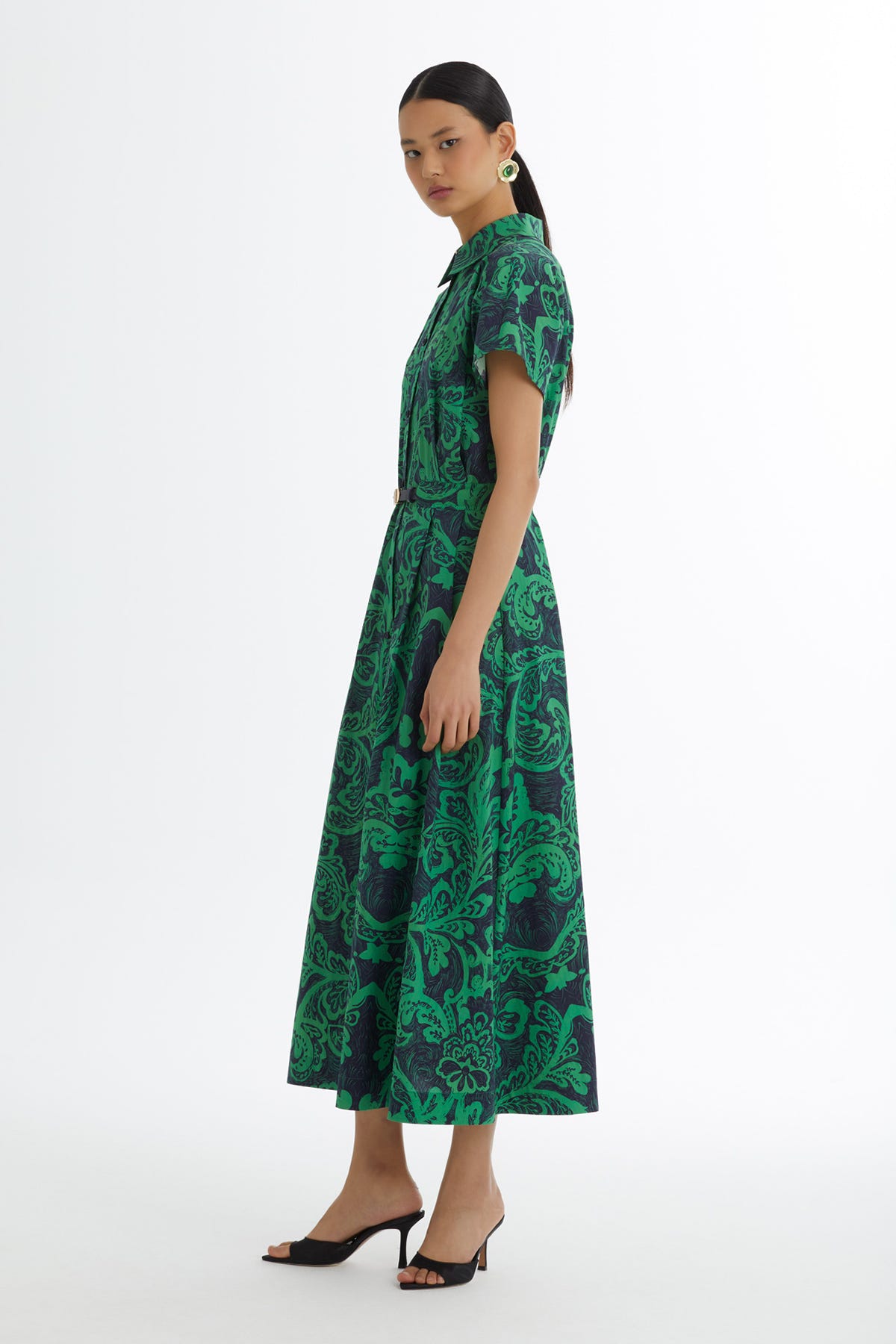 Deri Kemerli Desenli Yeşil Elbise