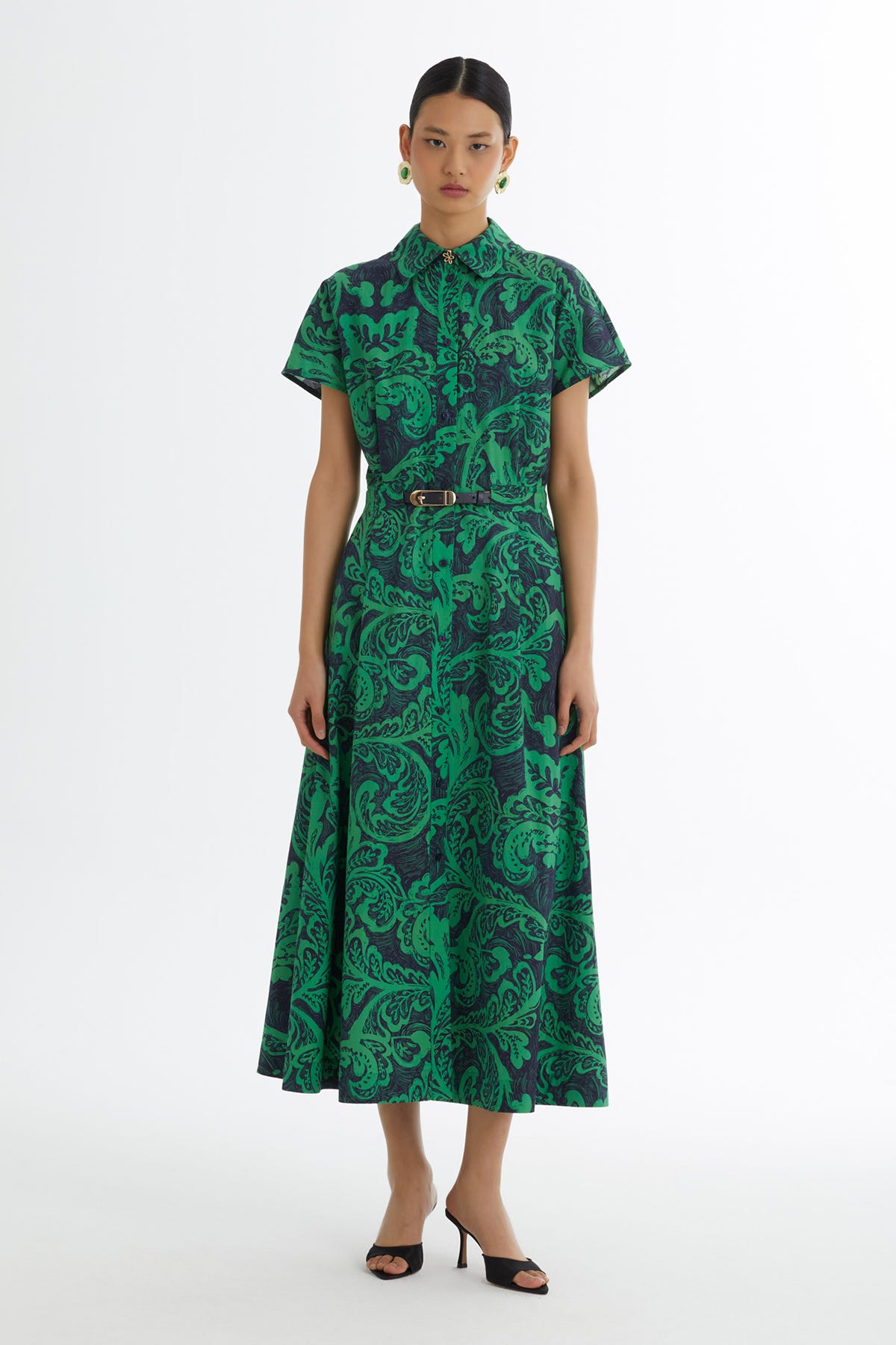 Deri Kemerli Desenli Yeşil Elbise