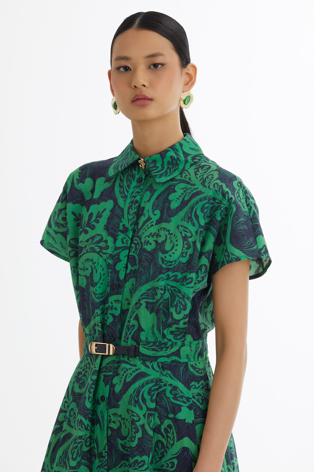 Deri Kemerli Desenli Yeşil Elbise