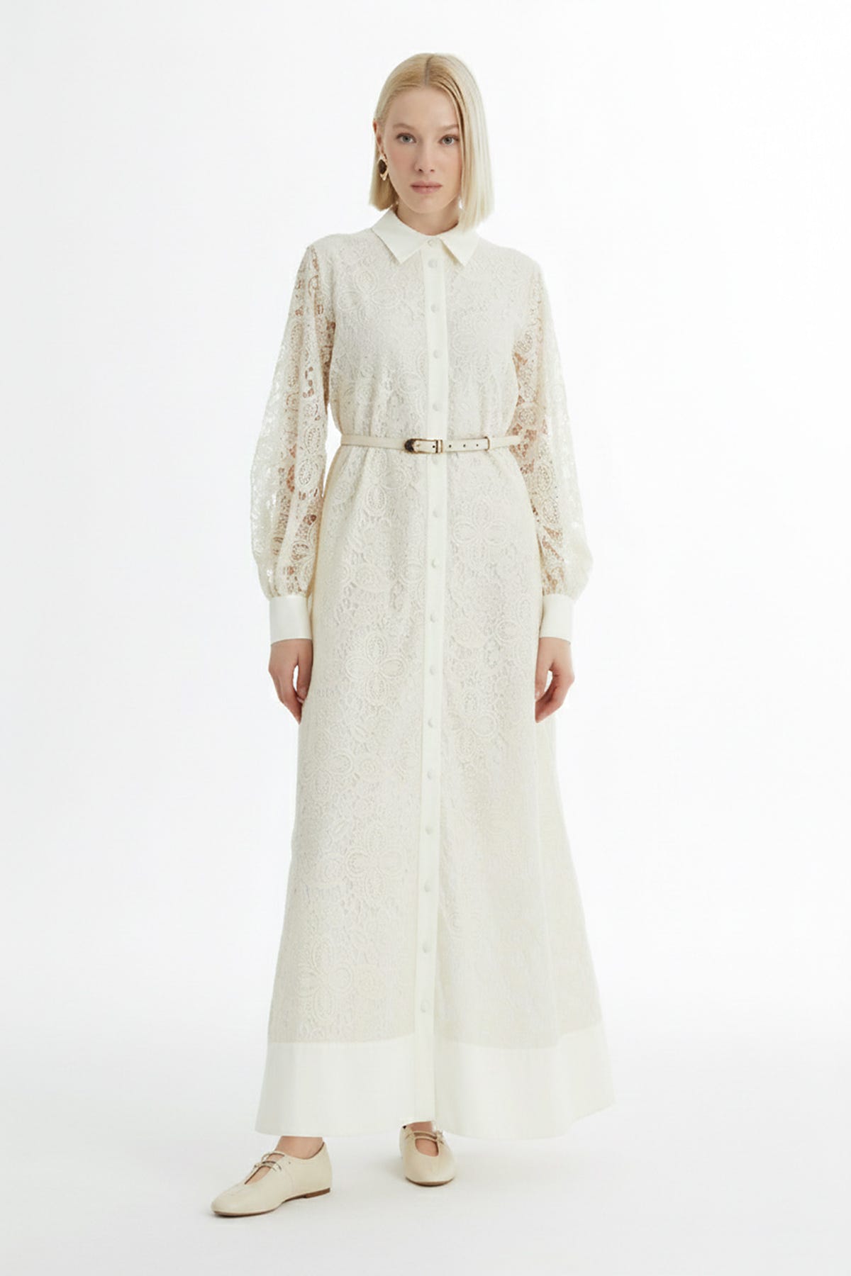 Balon Kollu Desenli Ekru Elbise