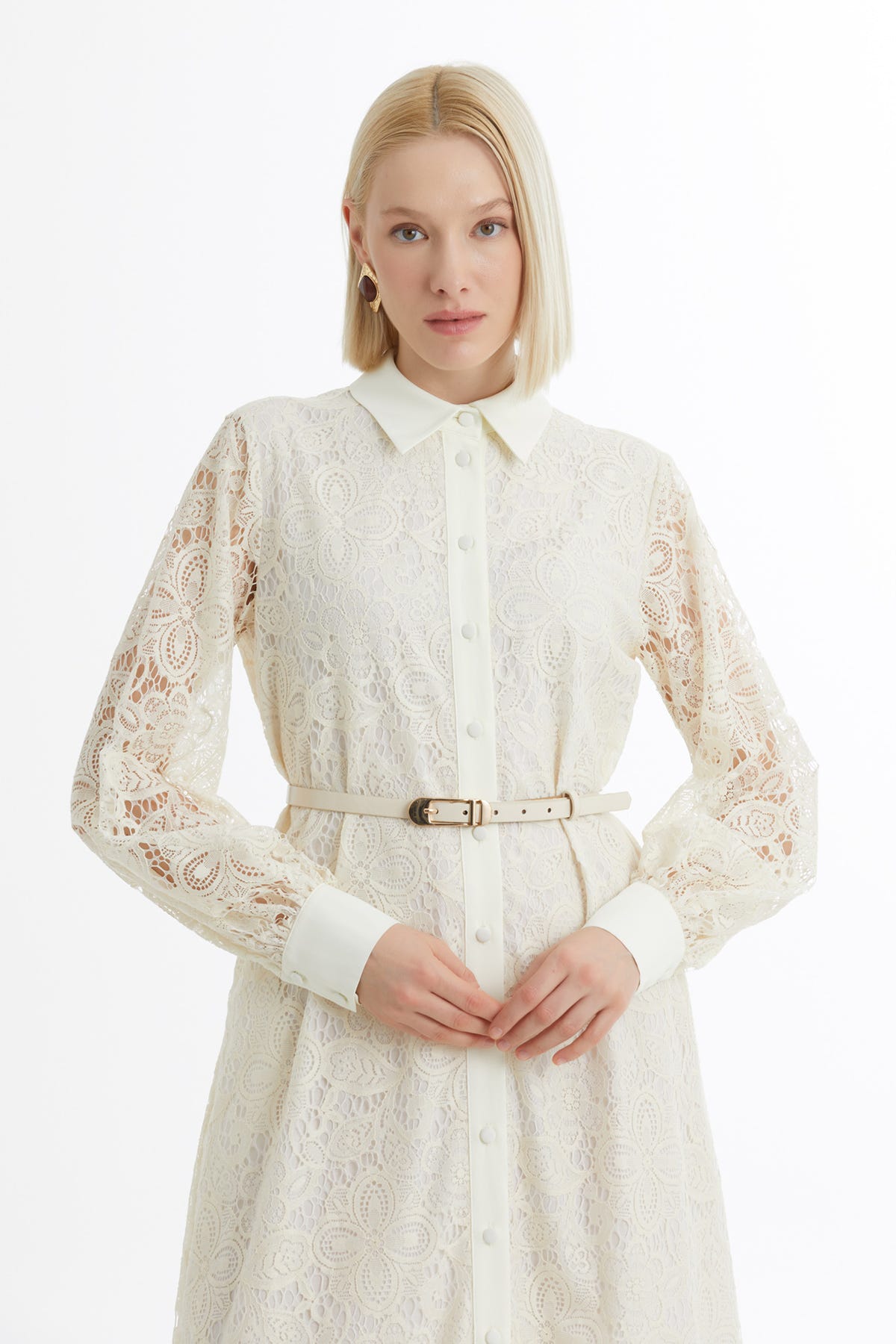 Balon Kollu Desenli Ekru Elbise