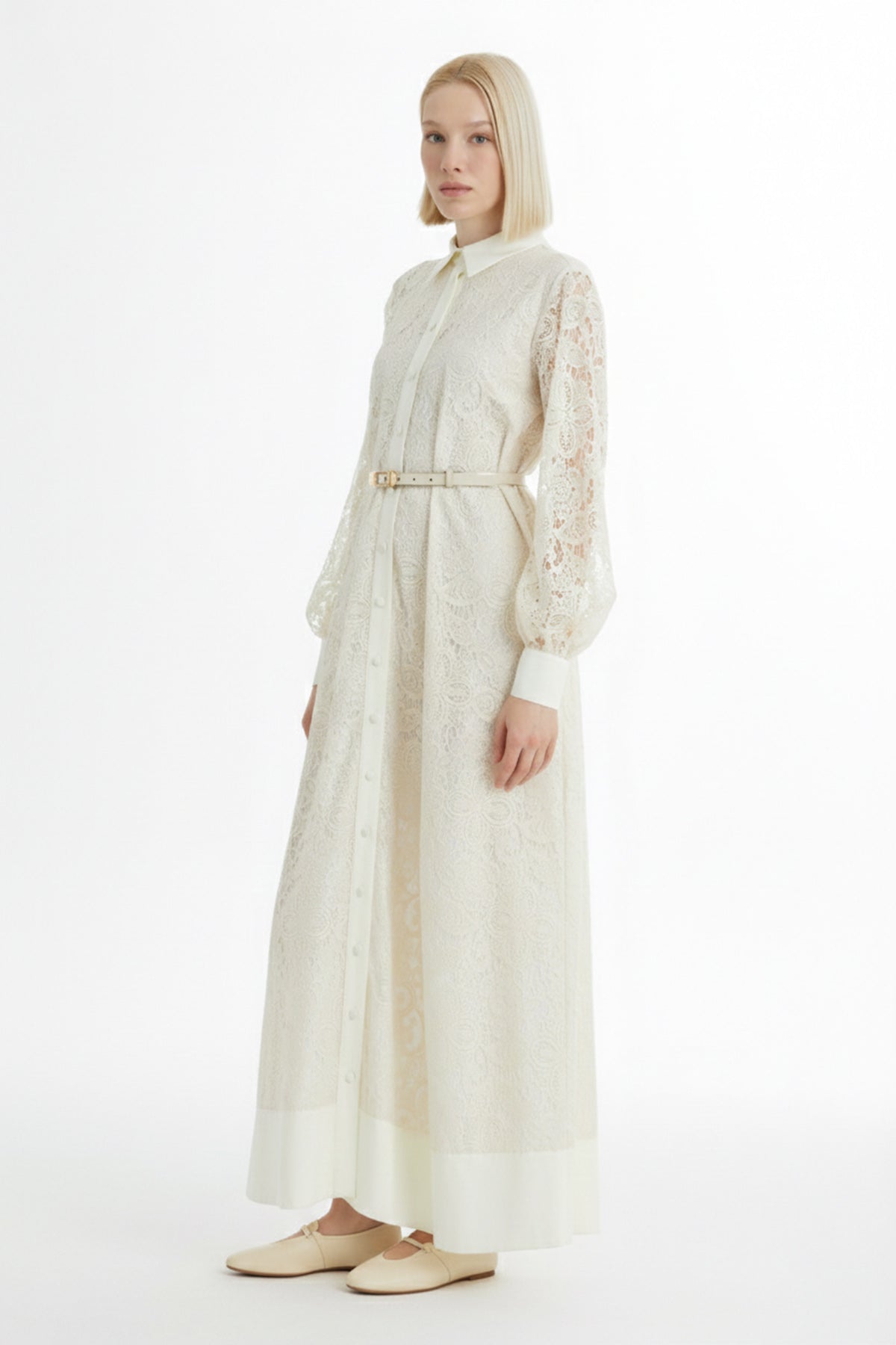 Balon Kollu Desenli Ekru Elbise