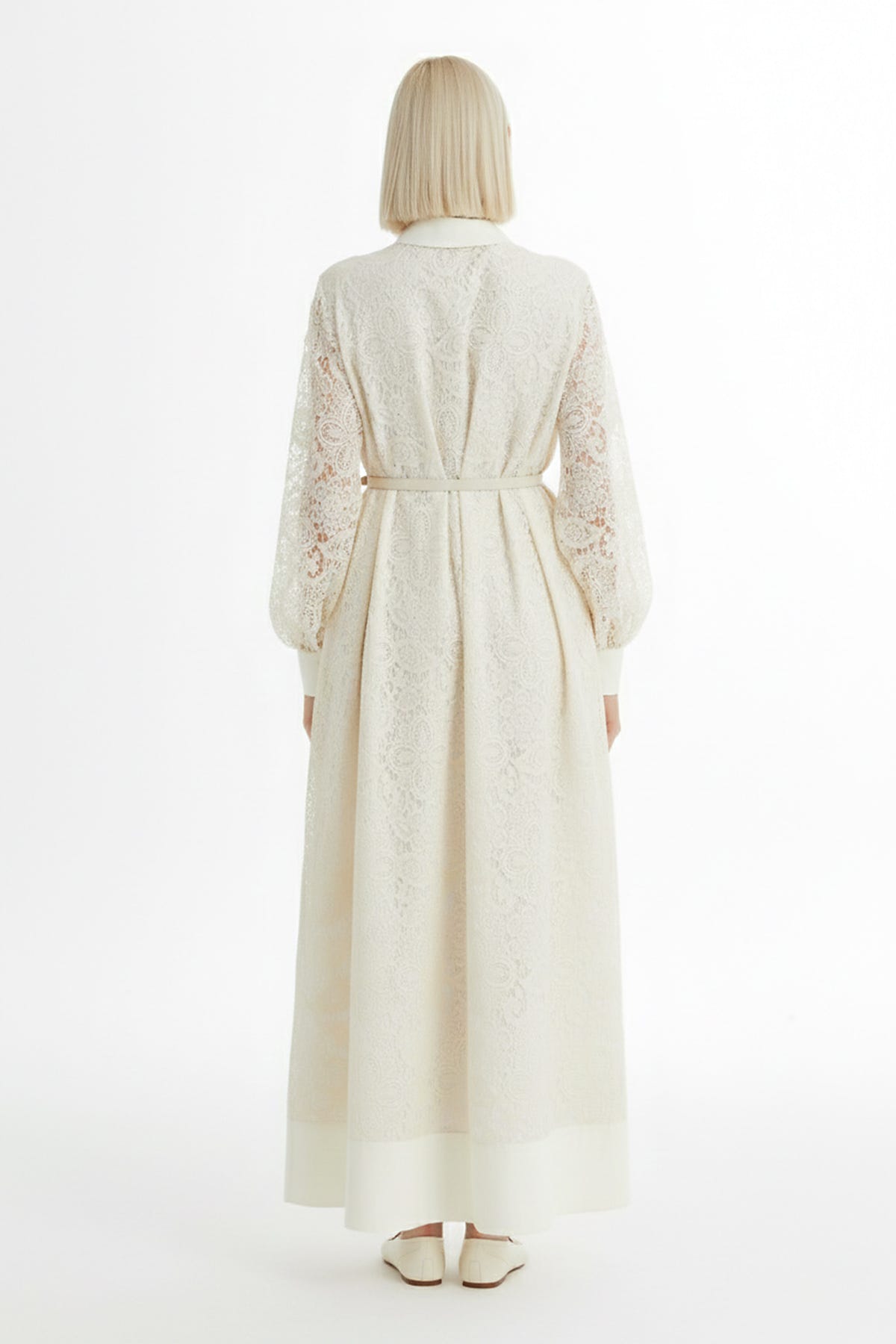 Balon Kollu Desenli Ekru Elbise