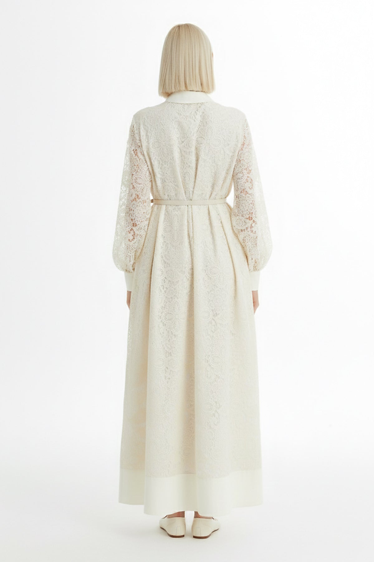 Balon Kollu Desenli Ekru Elbise