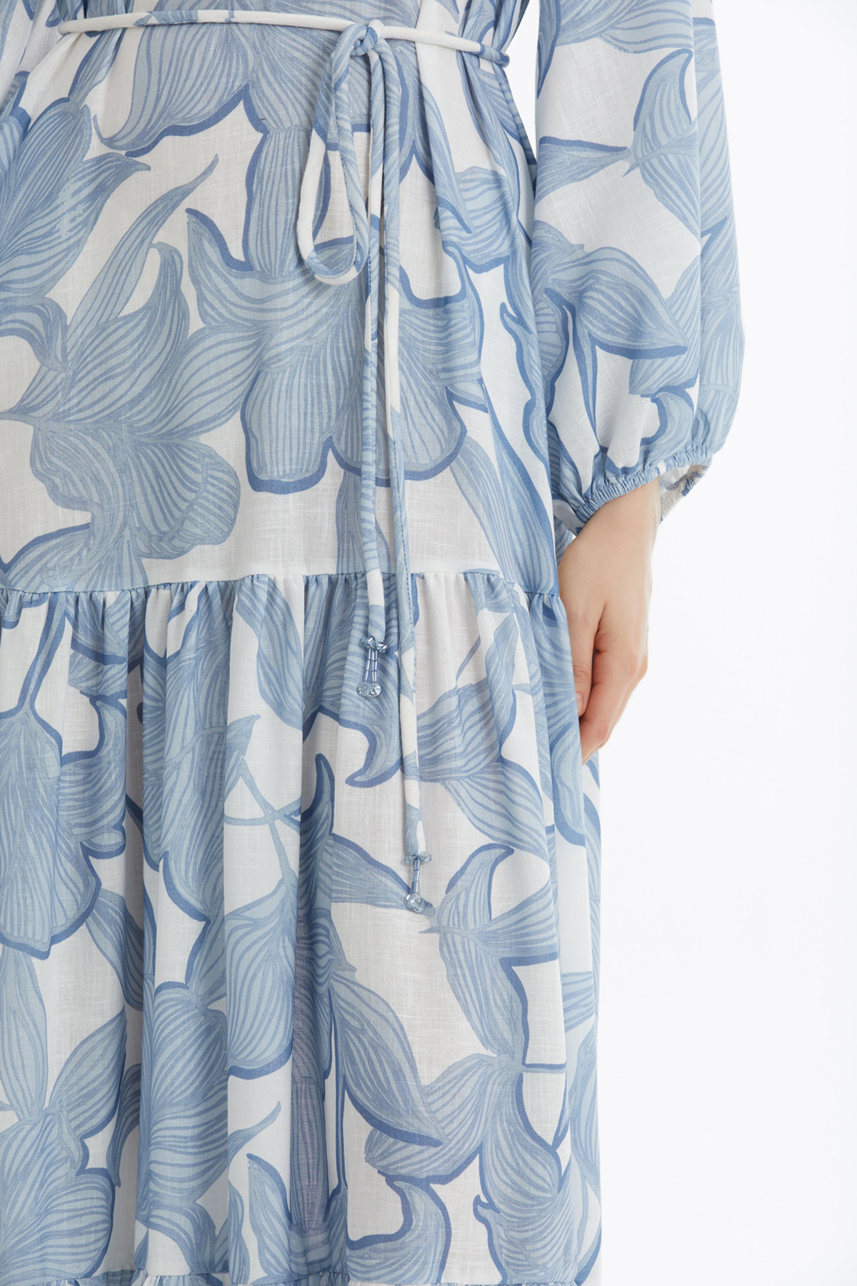 İşleme Detaylı Desenli Mavi Elbise