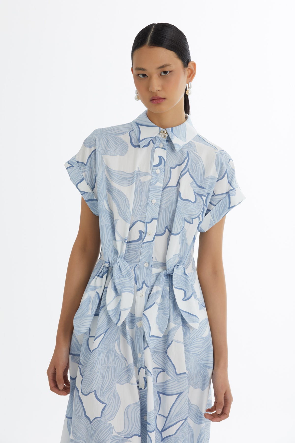 Gömlek Yaka Desenli Mavi Elbise