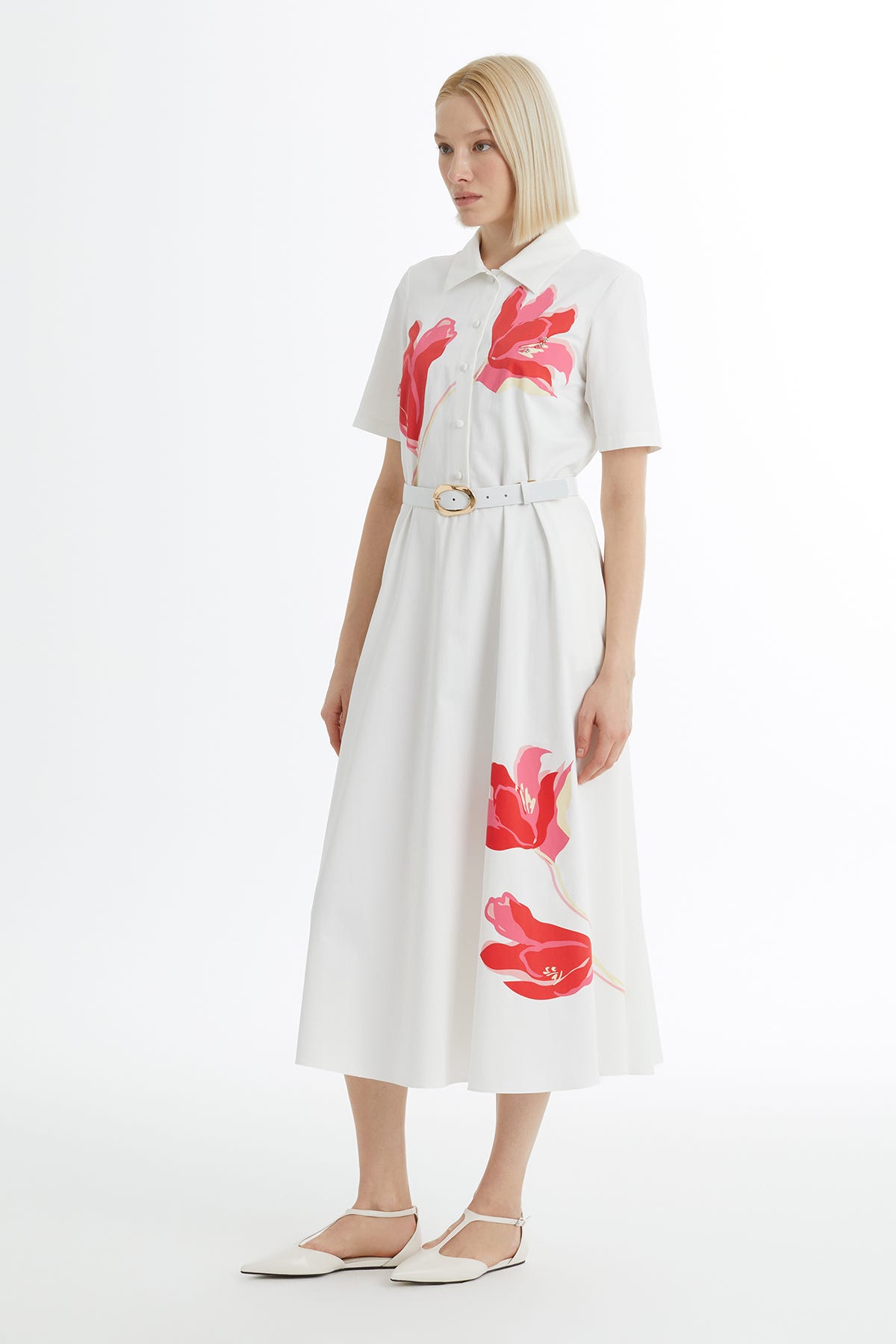 Baskı Desenli İşlemeli Ekru Midi Elbise