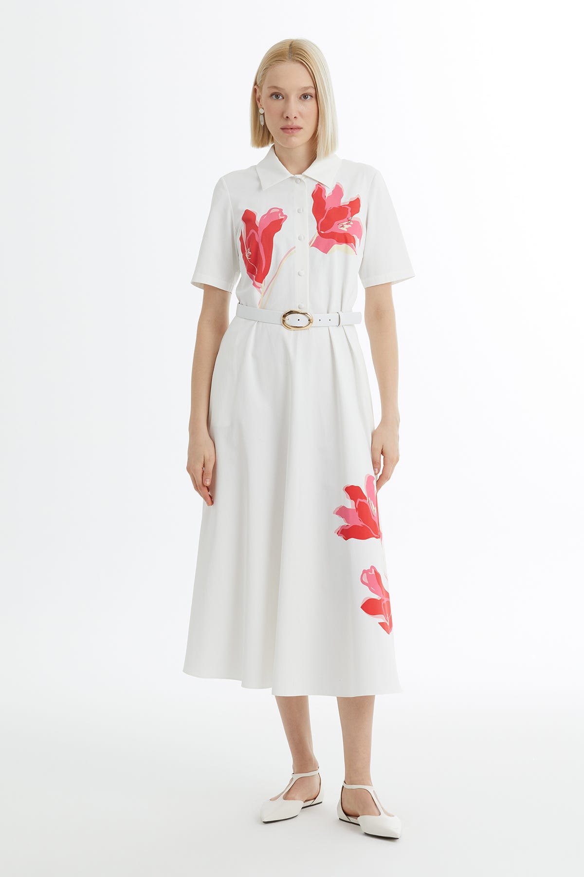 Baskı Desenli İşlemeli Ekru Midi Elbise